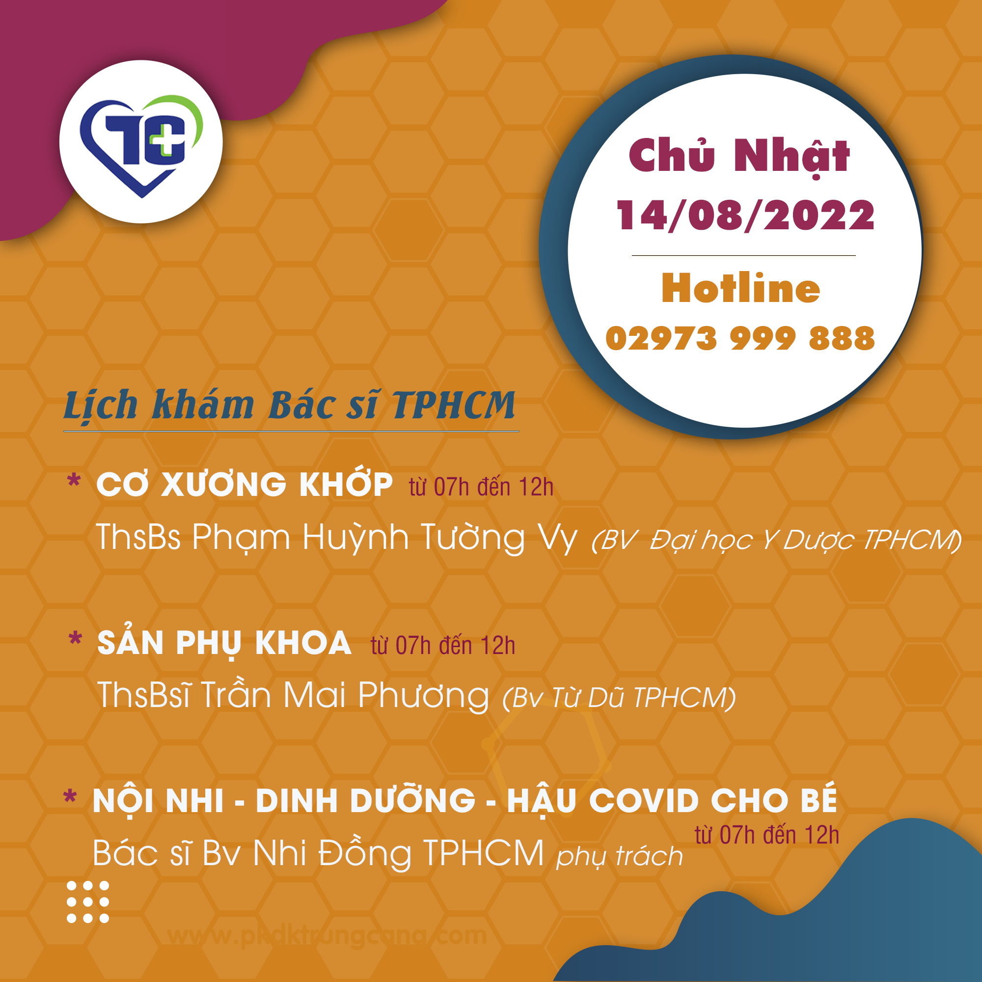 Lịch khám các Chuyên khoa vào Chủ Nhật, ngày 14/08/2022 do bác sĩ đến từ TPHCM phụ trách
