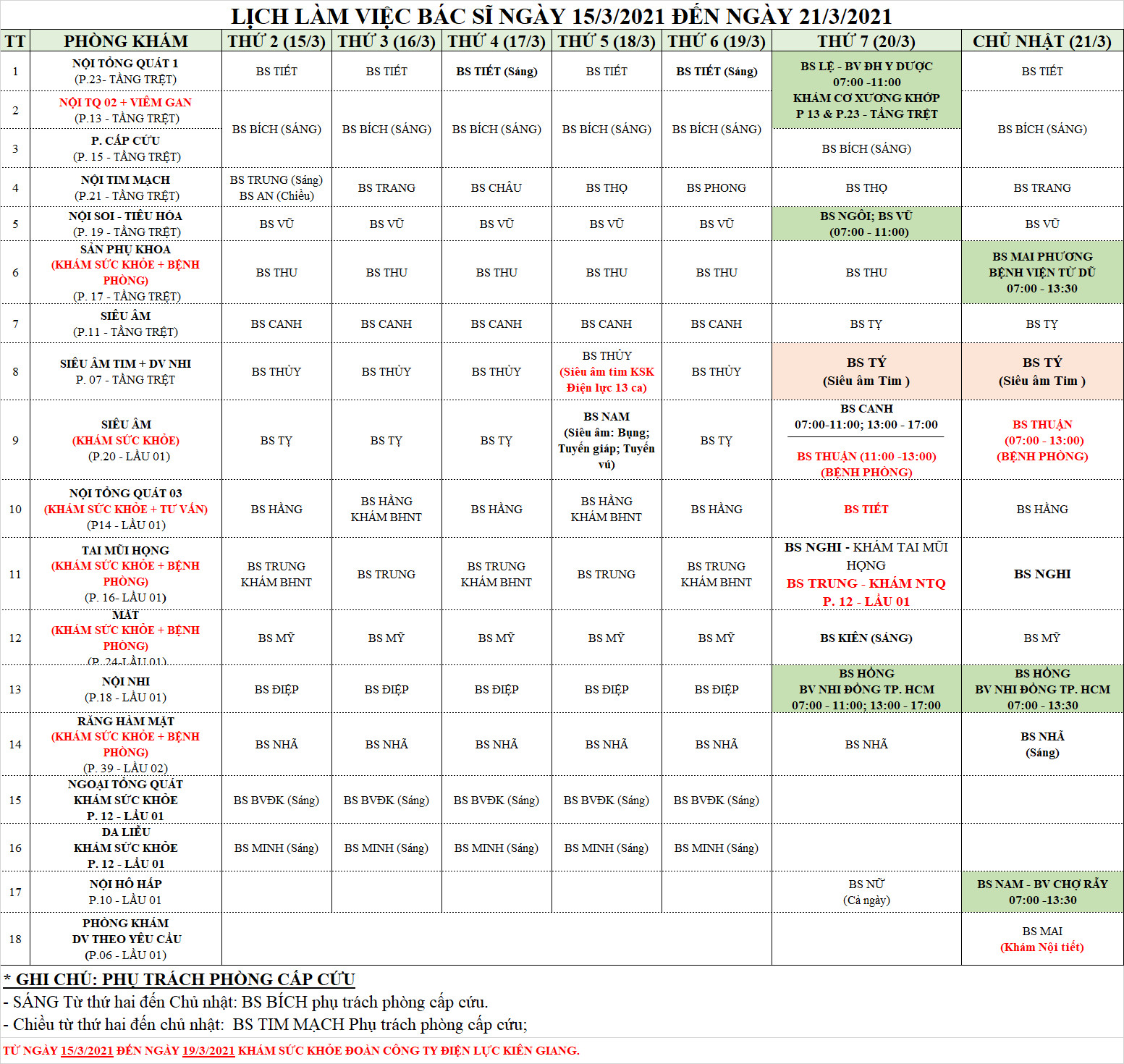 LỊCH LÀM VIỆC CỦA BÁC SĨ PKĐK TRUNG CANG TỪ 15/03/2021 ĐẾN 21/03/2021