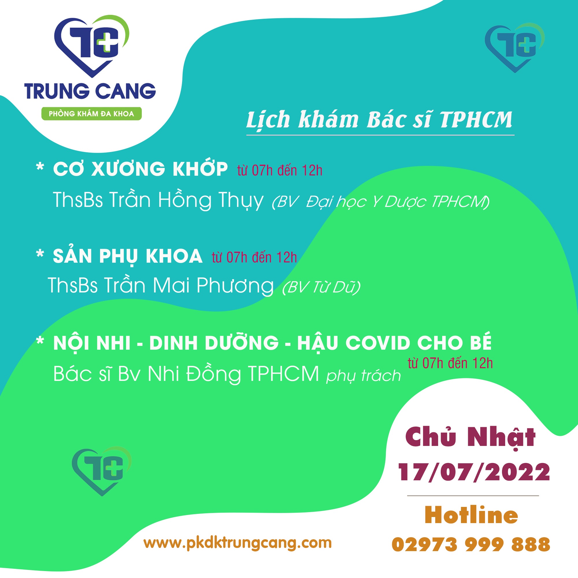 Lịch khám các Chuyên khoa vào Chủ Nhật, ngày 17/07/2022 do bác sĩ đến từ TPHCM phụ trách