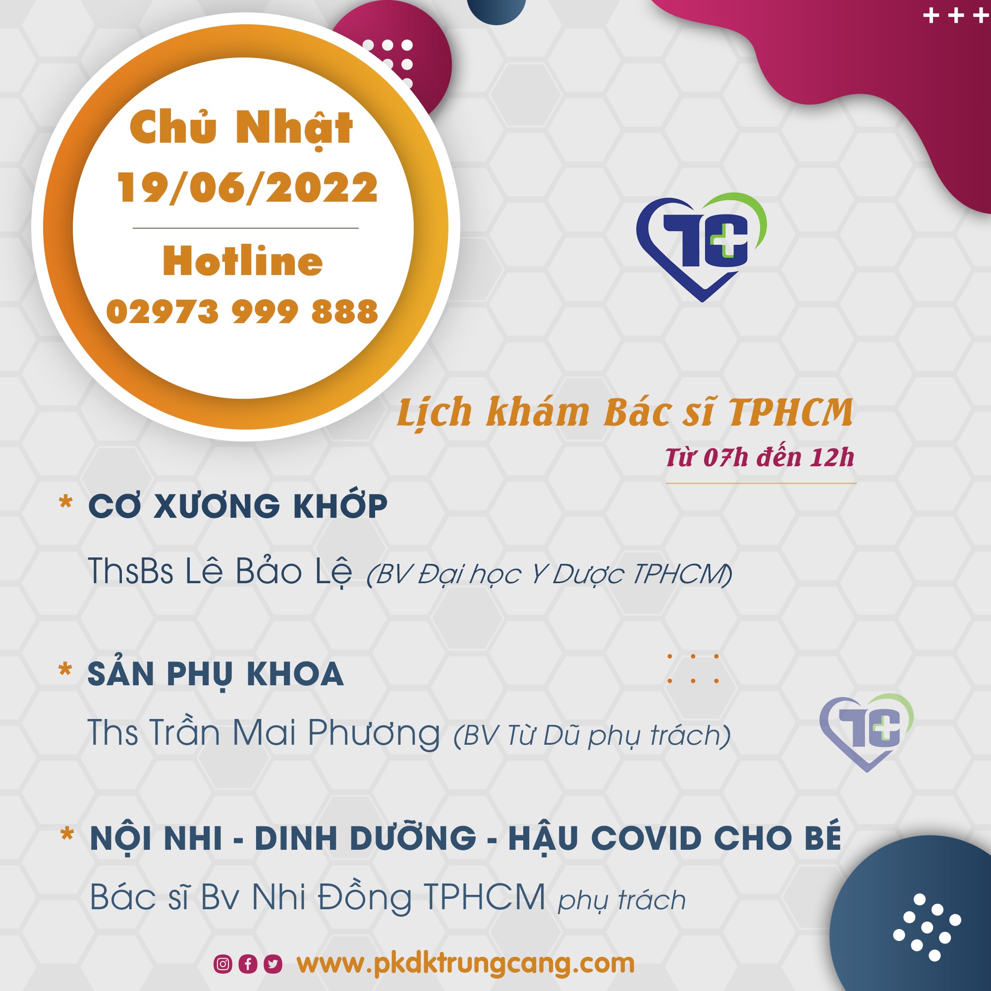 Lịch khám các Chuyên khoa vào Chủ Nhật, ngày 19/06/2022 do bác sĩ đến từ TPHCM phụ trách