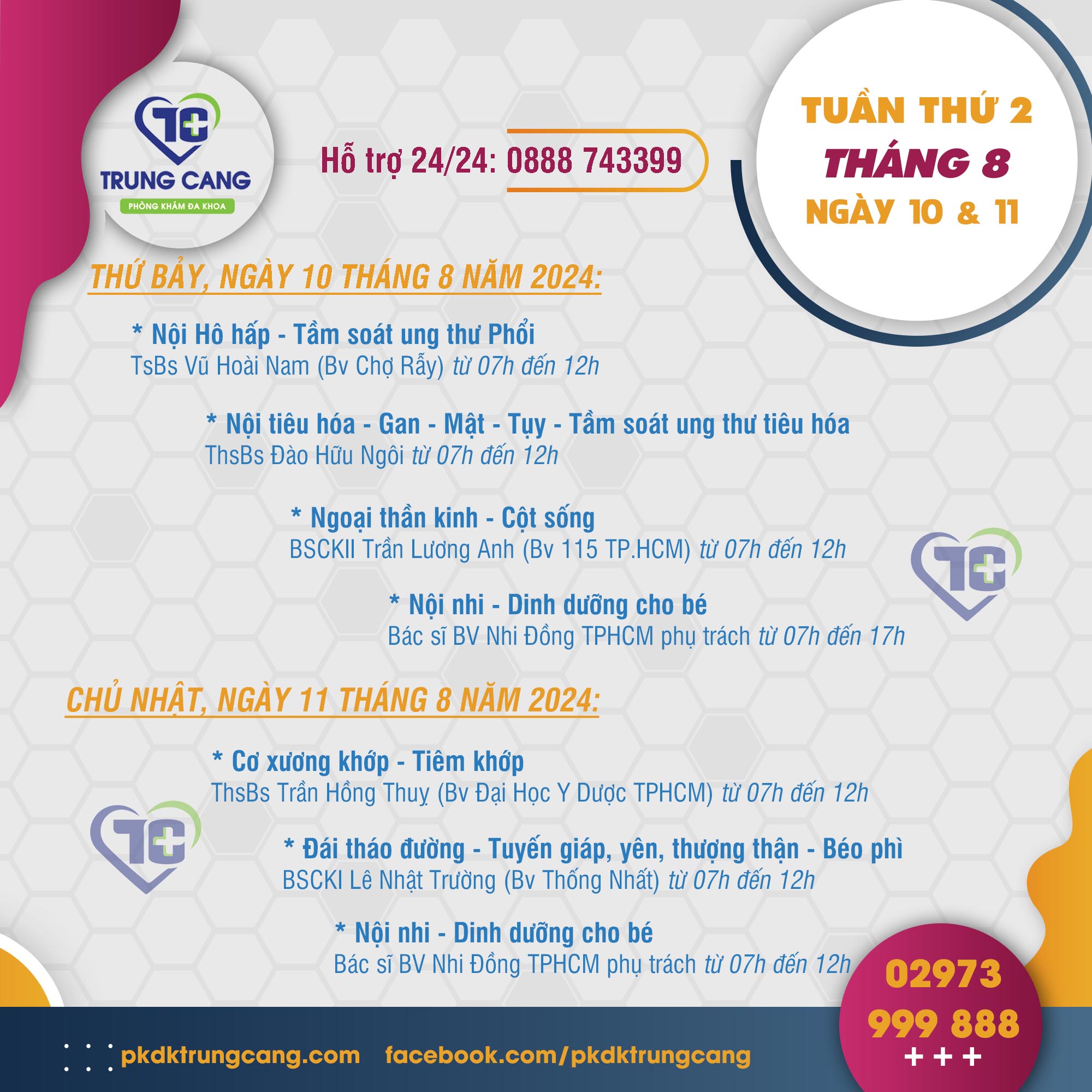 Lịch khám các Chuyên khoa vào Thứ Bảy ngày 10/08/2024 và Chủ Nhật ngày 11/08/2024 do bác sĩ đến từ TPHCM phụ trách