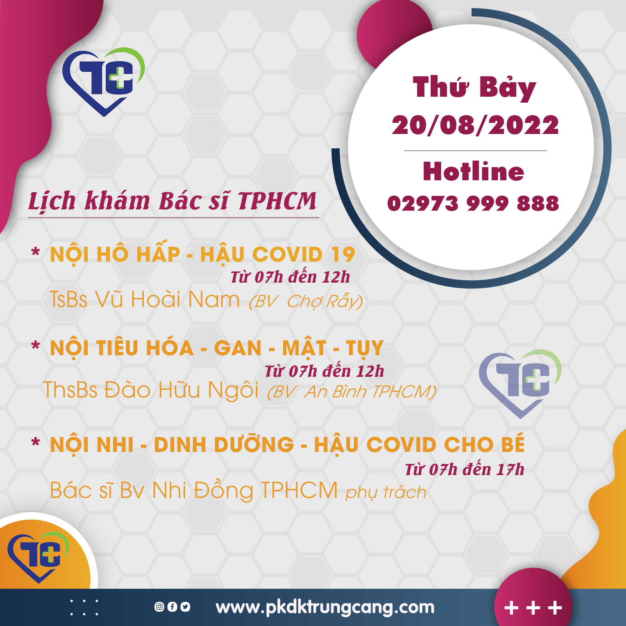 Lịch khám các Chuyên khoa vào Thứ Bảy, ngày 20/08/2022 do bác sĩ đến từ TPHCM phụ trách