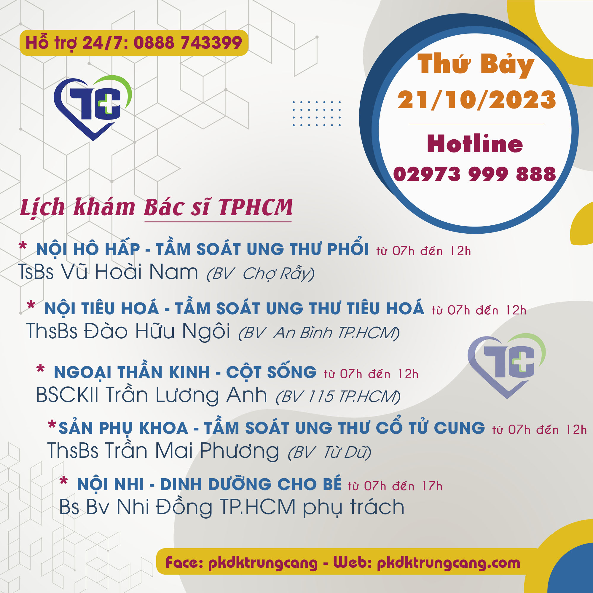 Lịch khám các Chuyên khoa vào Thứ Bảy 21/10/2023 do bác sĩ đến từ TPHCM phụ trách