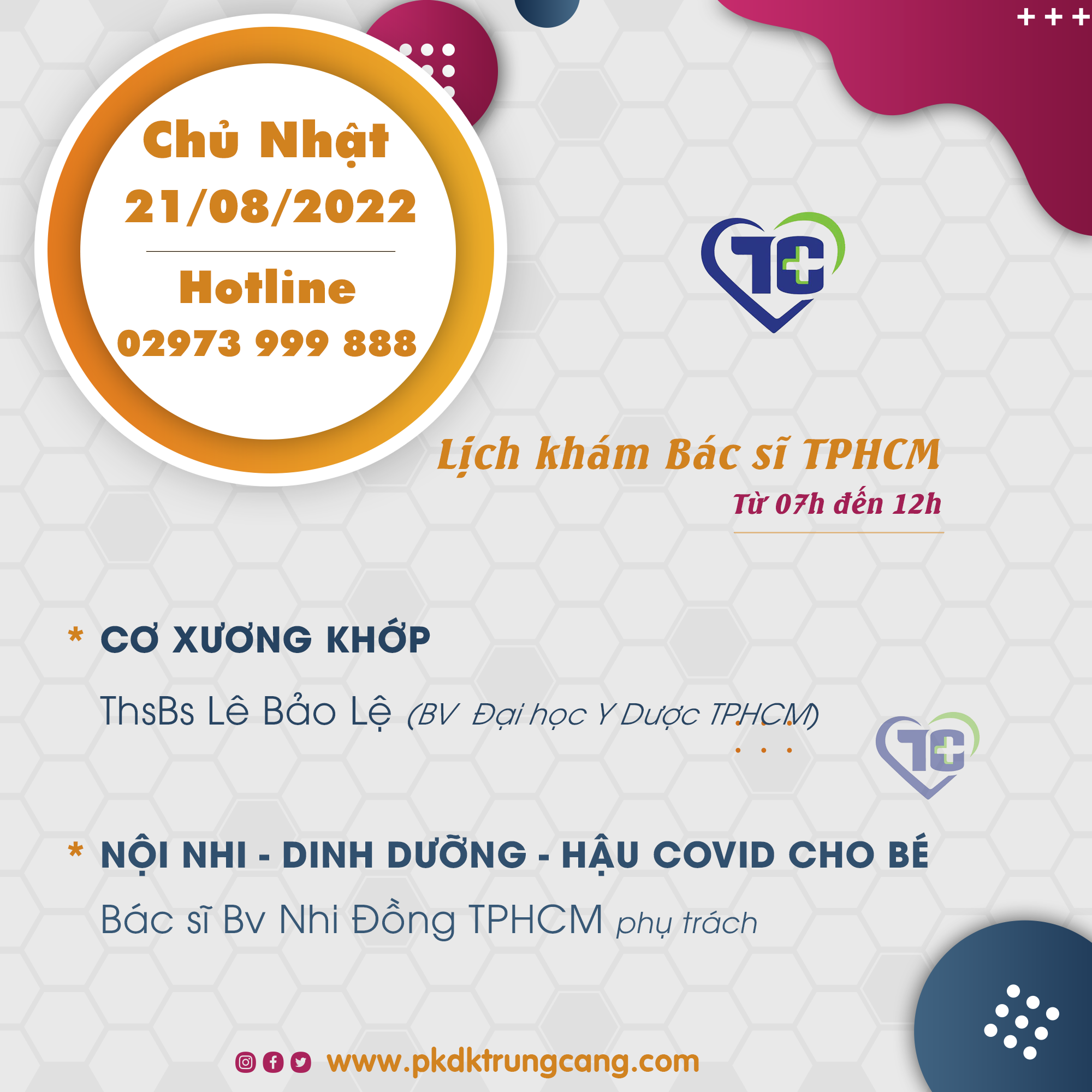 Lịch khám các Chuyên khoa vào Chủ Nhật, ngày 21/08/2022 do bác sĩ đến từ TPHCM phụ trách