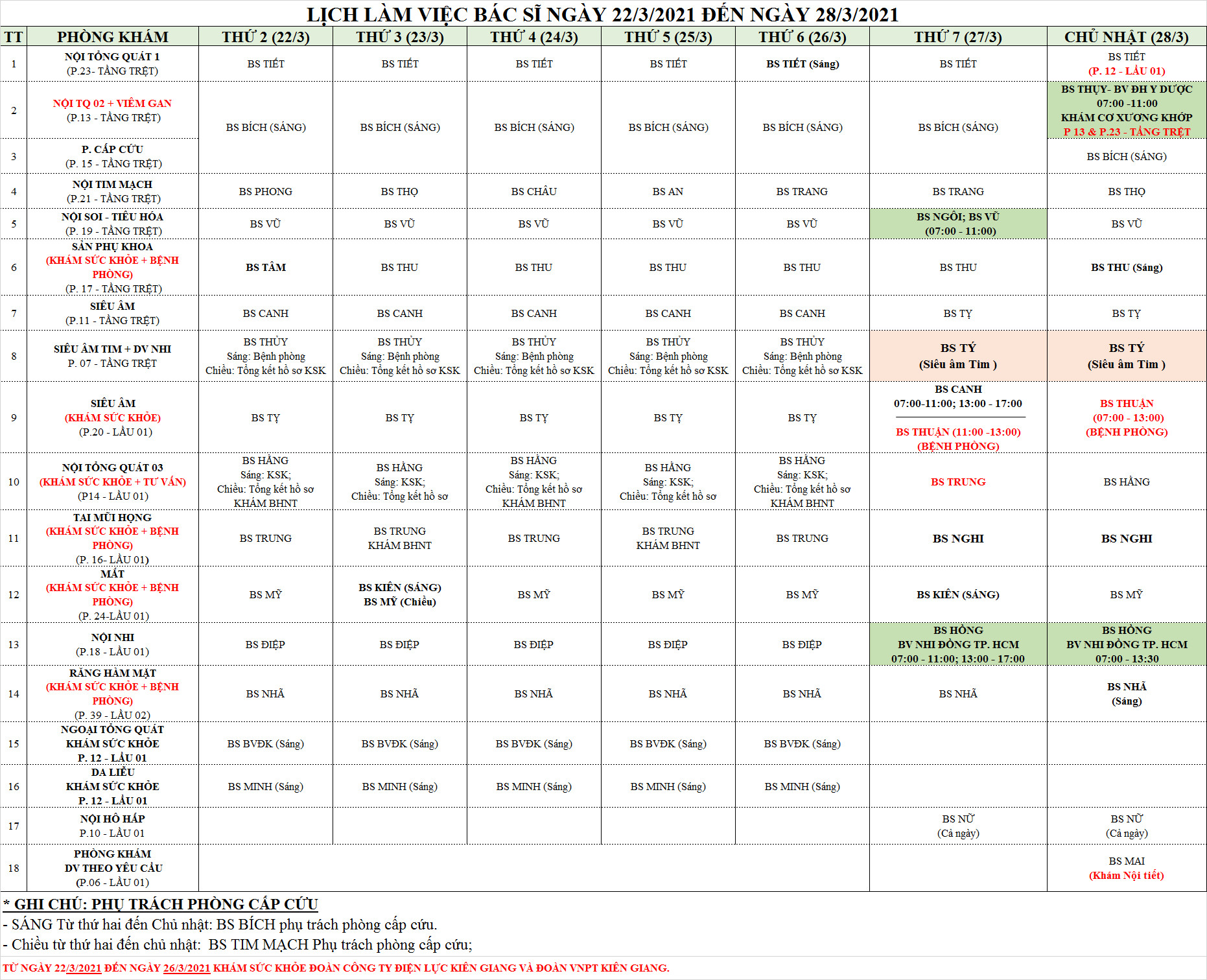 LỊCH LÀM VIỆC CỦA BÁC SĨ PKĐK TRUNG CANG TỪ 22/03/2021 ĐẾN 28/03/2021