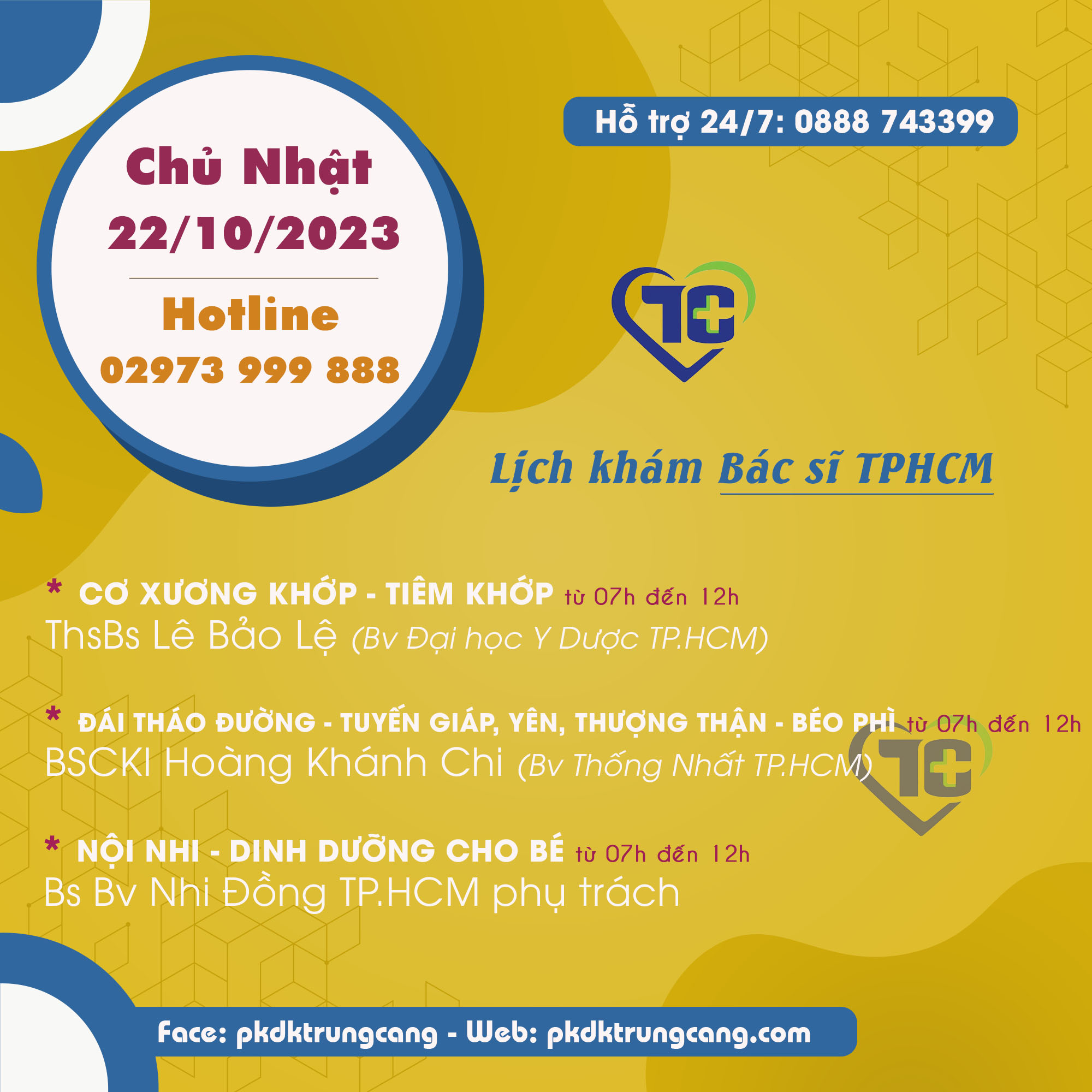 Lịch khám các Chuyên khoa vào Chủ Nhật 22/10/2023 do bác sĩ đến từ TPHCM phụ trách