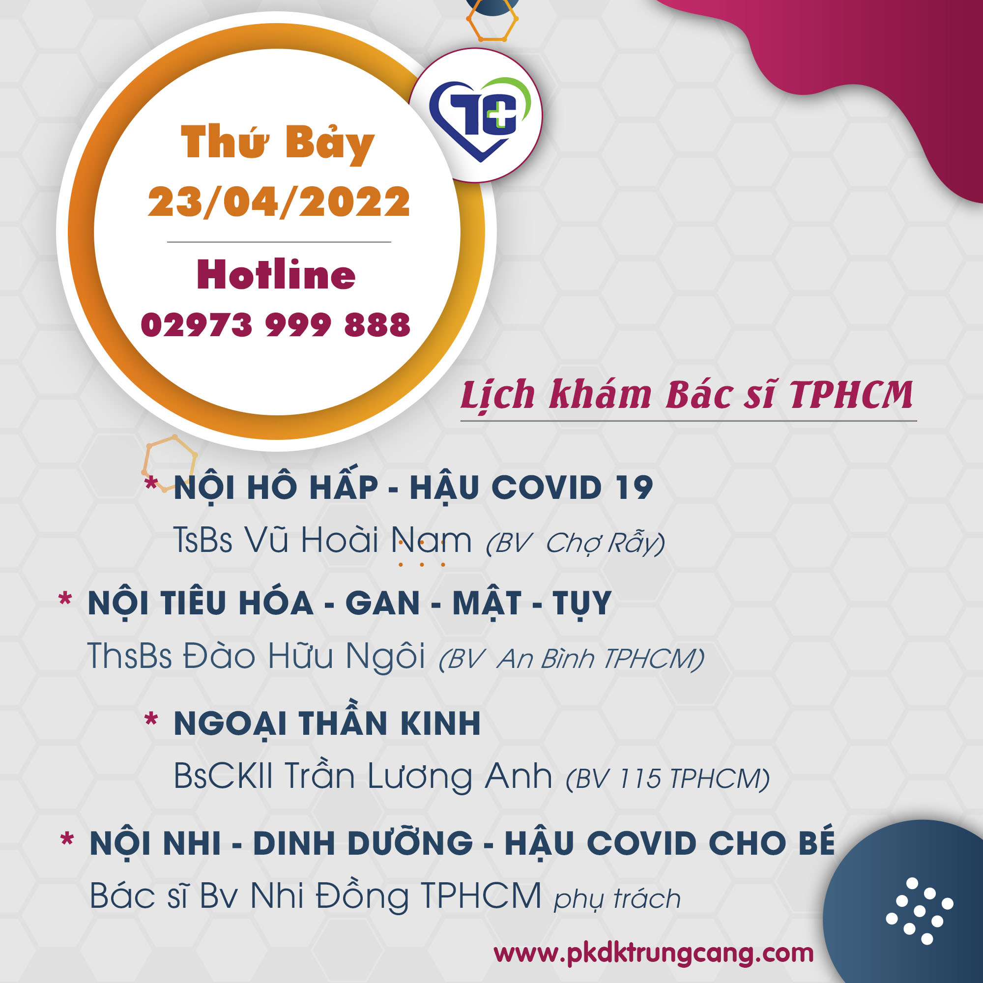 Lịch khám các Chuyên khoa vào Thứ Bảy, ngày 23/04/2022 do bác sĩ đến từ TPHCM phụ trách