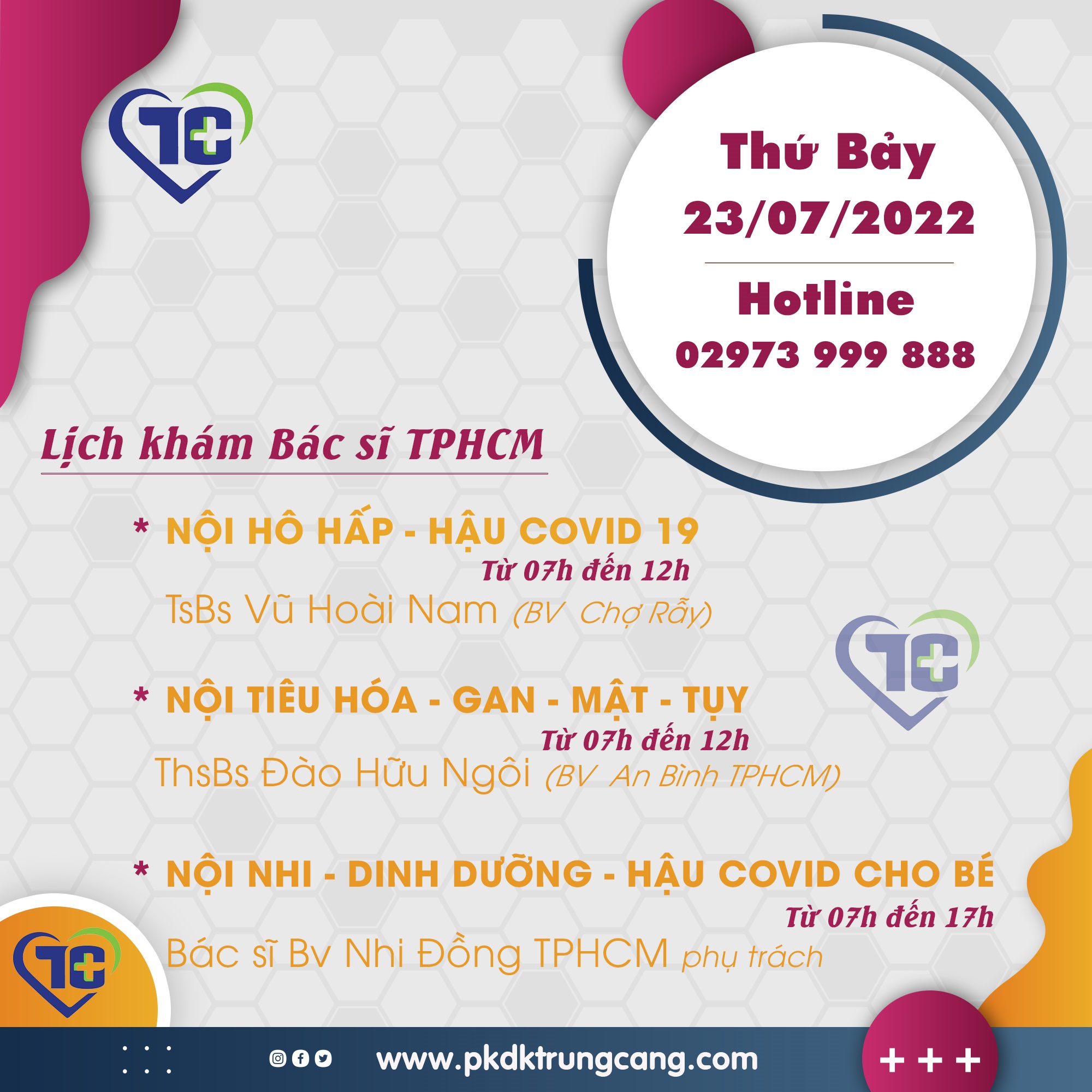 Lịch khám các Chuyên khoa vào Thứ Bảy, ngày 23/07/2022 do bác sĩ đến từ TPHCM phụ trách