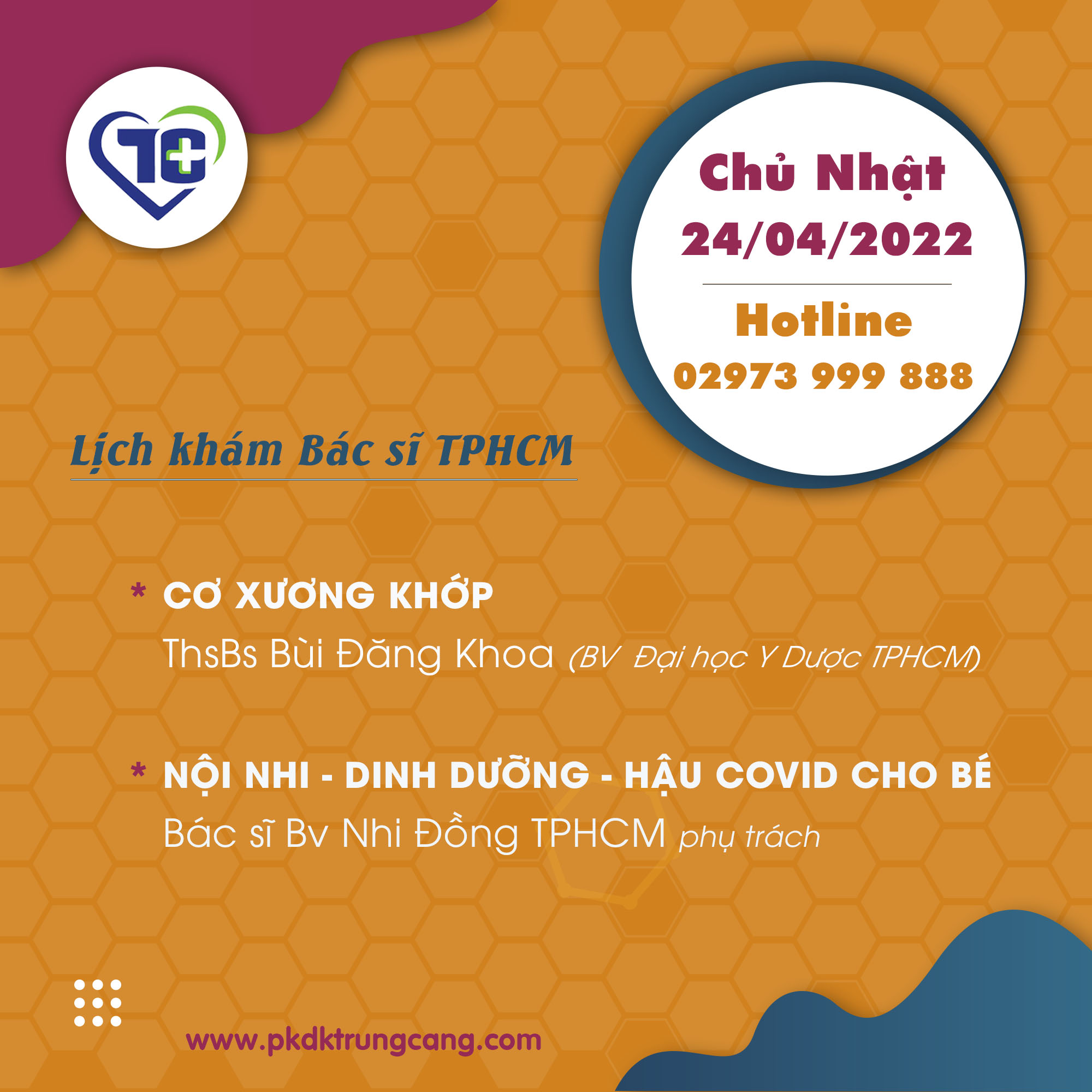 Lịch khám các Chuyên khoa vào Chủ Nhật, ngày 24/04/2022 do bác sĩ đến từ TPHCM phụ trách