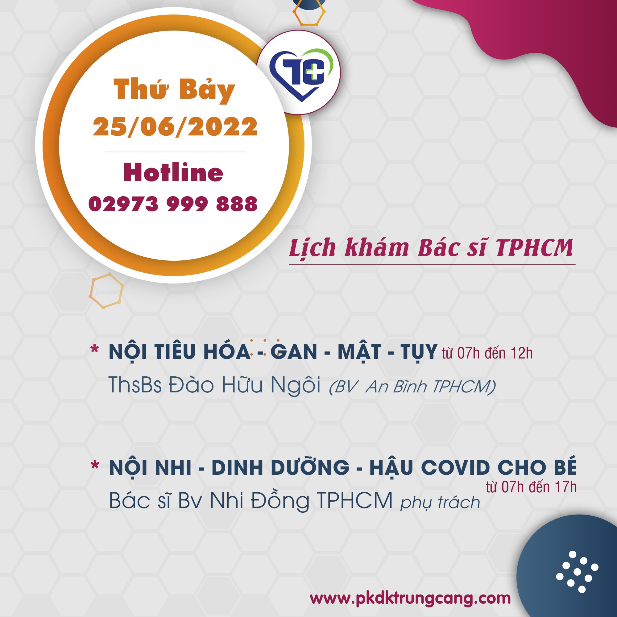 Lịch khám các Chuyên khoa vào Thứ Bảy, ngày 25/06/2022 do bác sĩ đến từ TPHCM phụ trách