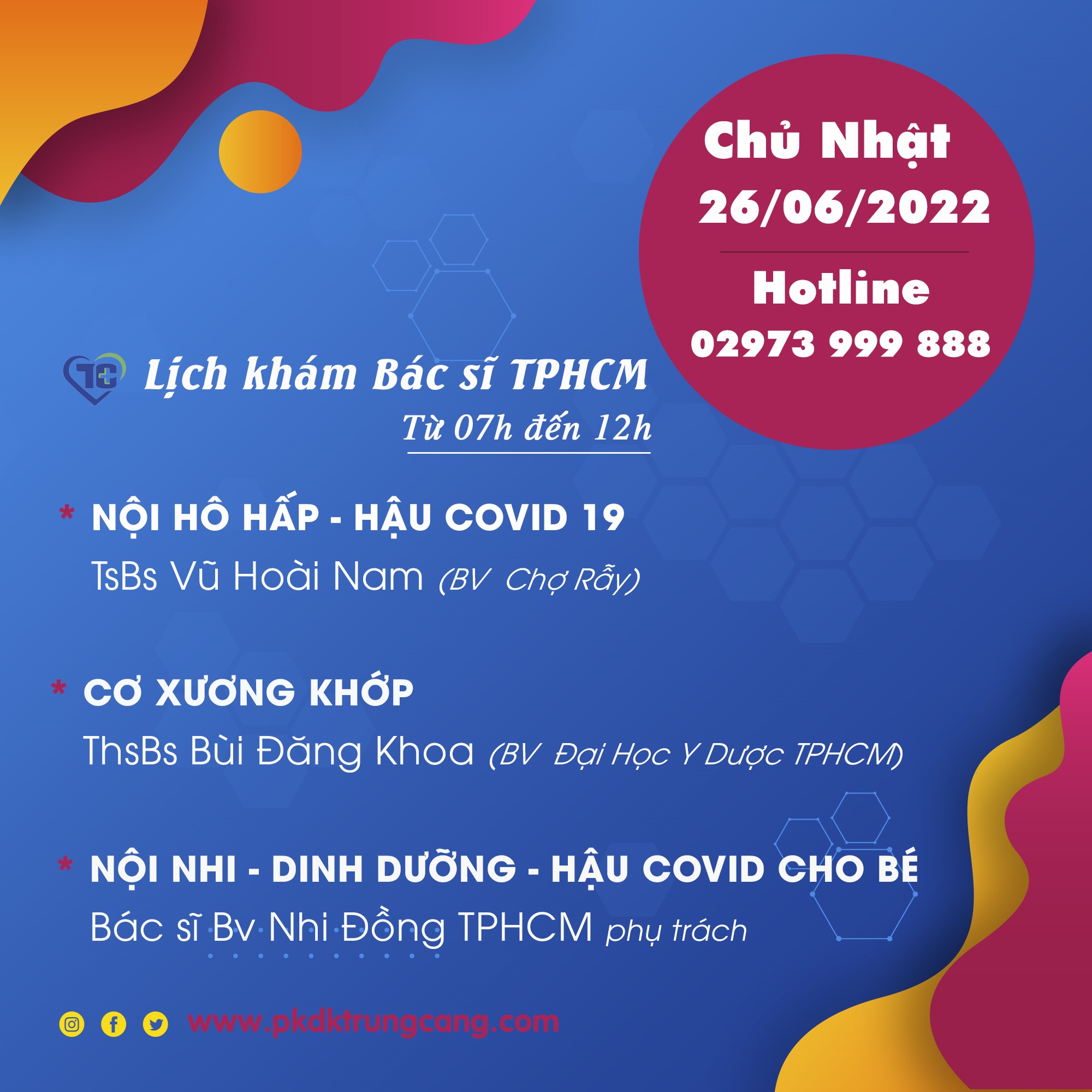 Lịch khám các Chuyên khoa vào Chủ Nhật, ngày 26/06/2022 do bác sĩ đến từ TPHCM phụ trách