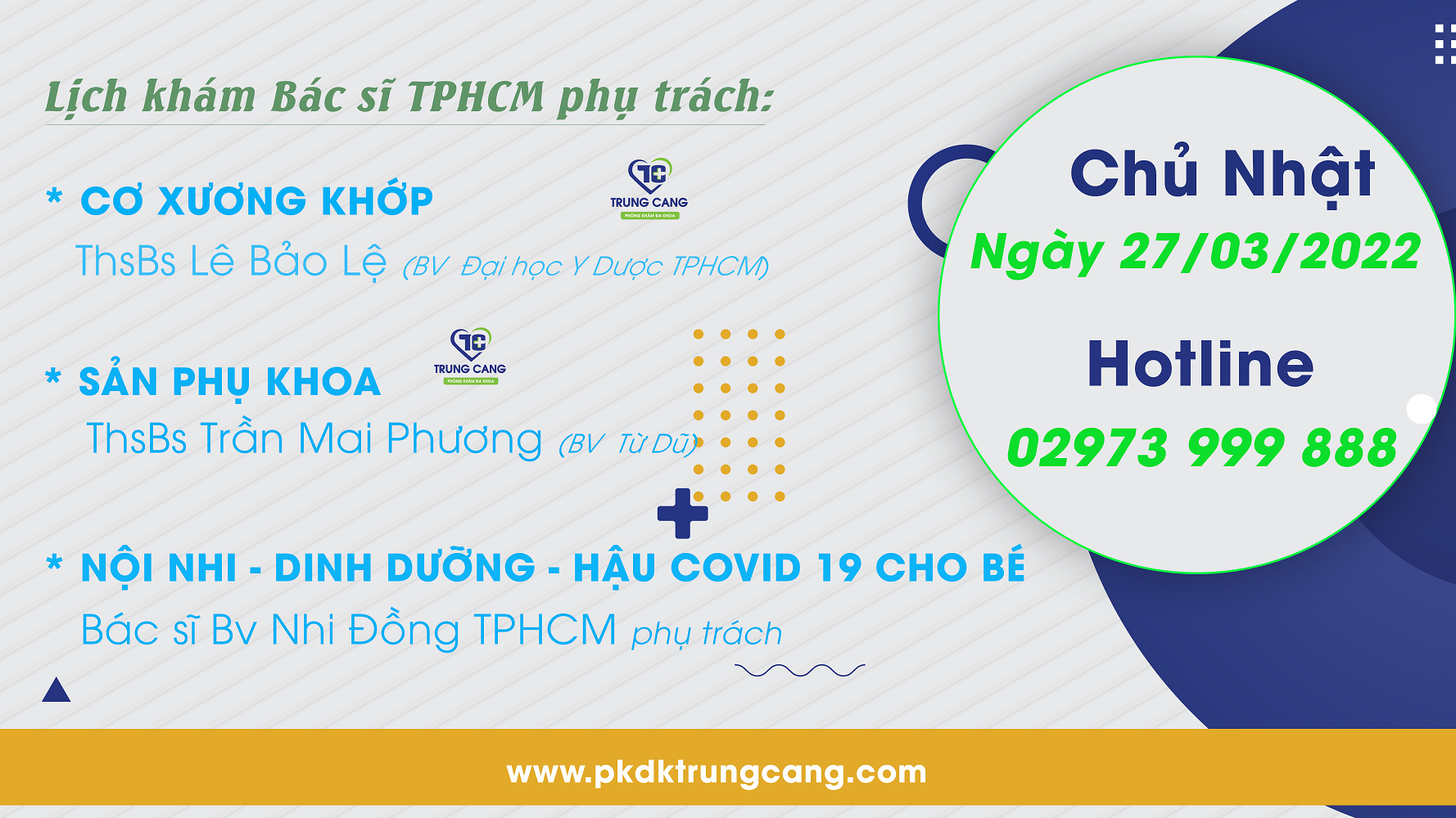 Lịch khám các Chuyên khoa vào Chủ Nhật, ngày 27/03/2022 do bác sĩ đến từ TPHCM phụ trách