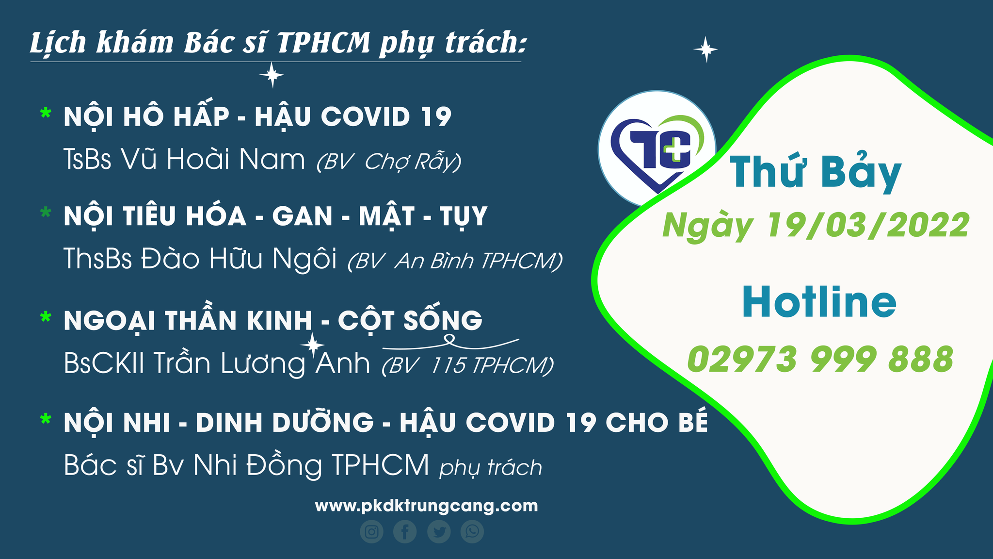 Lịch khám các Chuyên khoa vào Thứ Bảy, ngày 19/03/2022 do bác sĩ đến từ TPHCM phụ trách