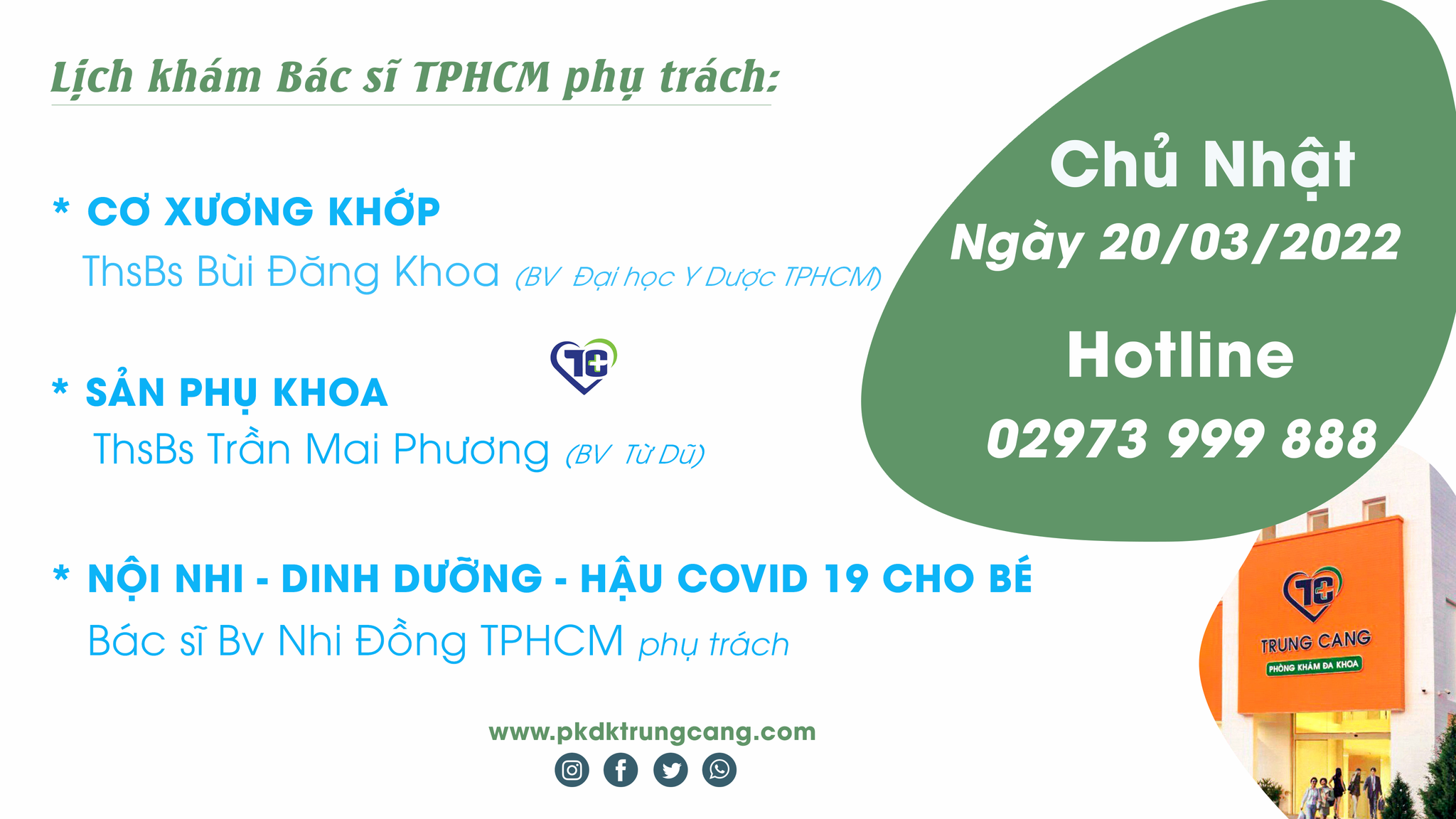Lịch khám các Chuyên khoa vào Chủ Nhật, ngày 20/03/2022 do bác sĩ đến từ TPHCM phụ trách