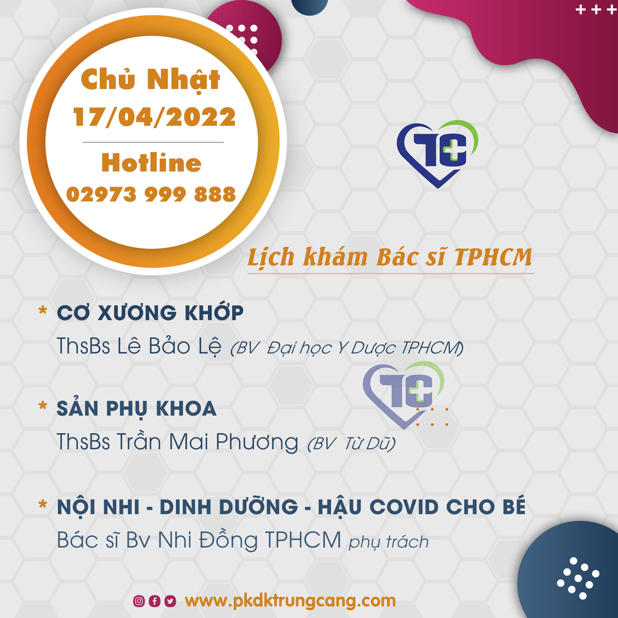 Lịch khám các Chuyên khoa vào Chủ Nhật, ngày 17/04/2022 do bác sĩ đến từ TPHCM phụ trách