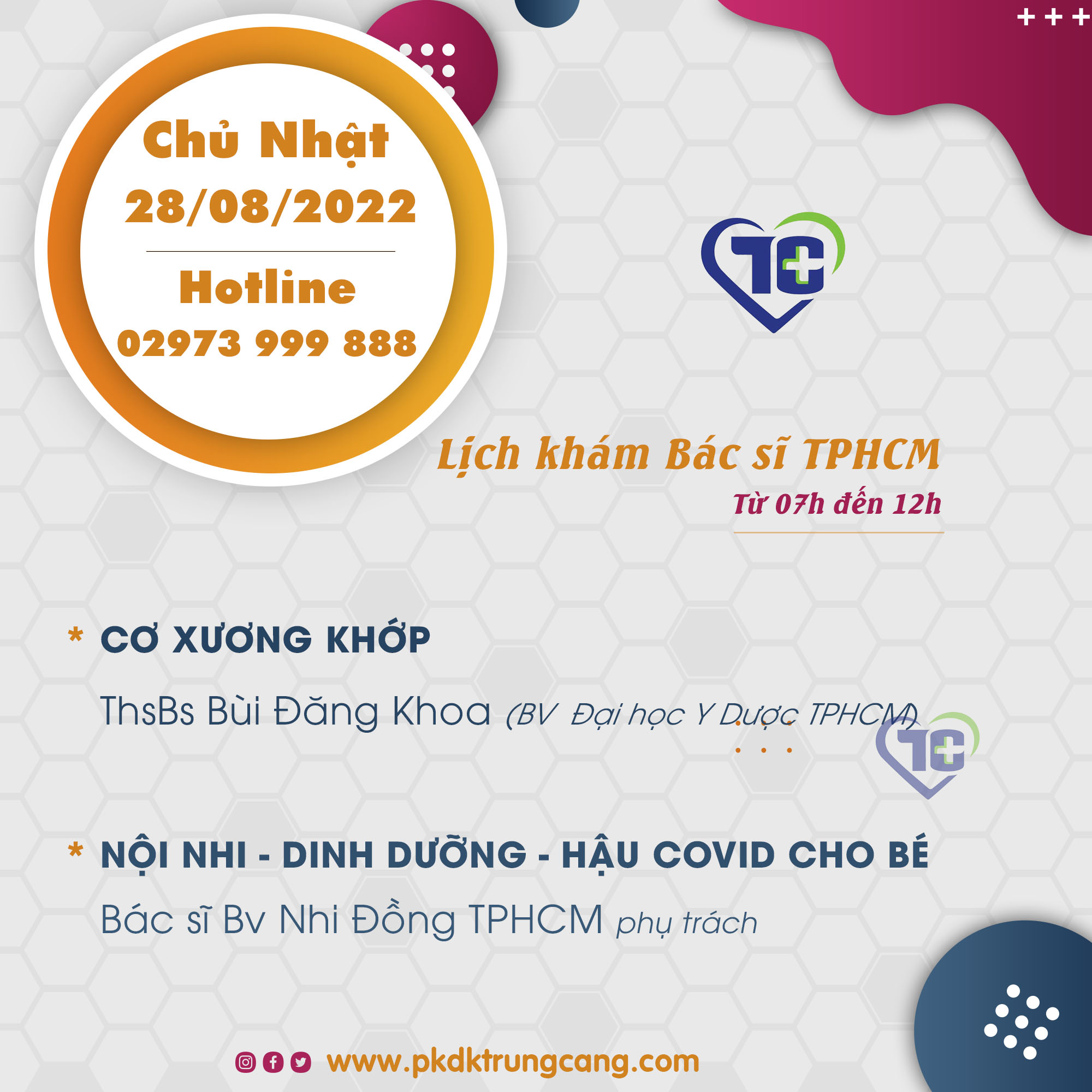 Lịch khám các Chuyên khoa vào Chủ Nhật, ngày 27/08/2022 do bác sĩ đến từ TPHCM phụ trách