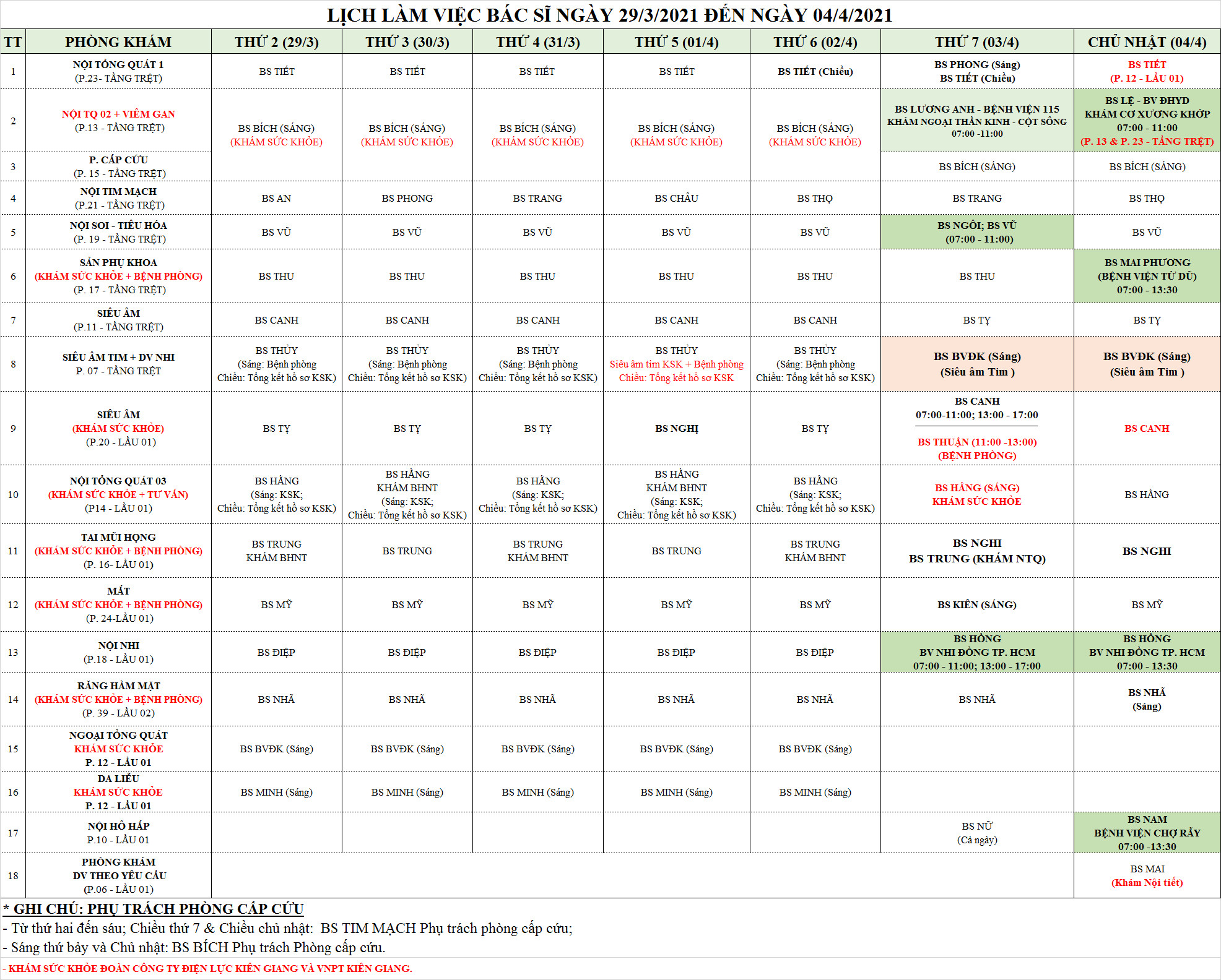 LỊCH LÀM VIỆC CỦA BÁC SĨ PKĐK TRUNG CANG TỪ 29/03/2021 ĐẾN 04/04/2021