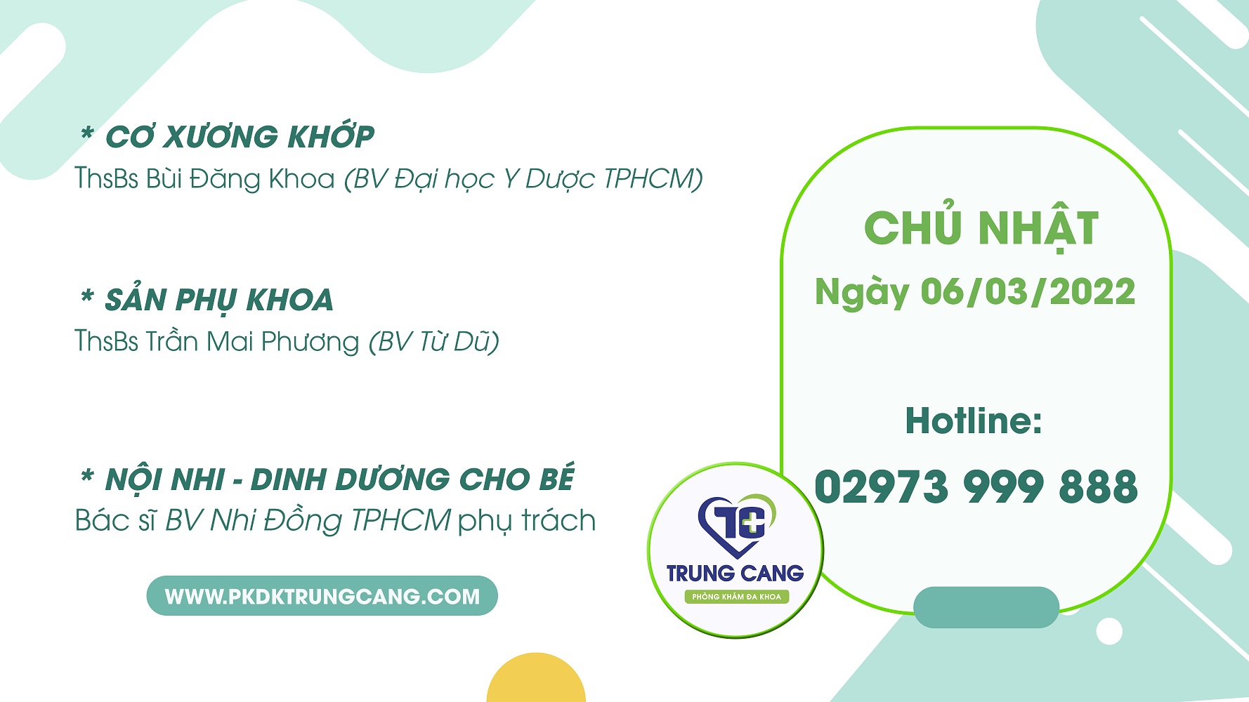 Lịch khám các Chuyên khoa vào Chủ Nhật, ngày 06/03/2022 do bác sĩ đến từ TPHCM phụ trách