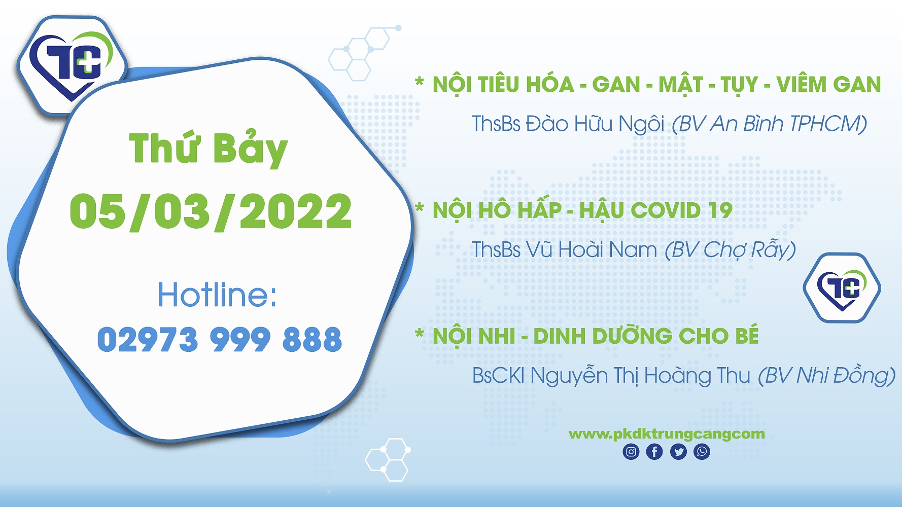 Lịch khám các Chuyên khoa vào Thứ Bảy, ngày 05/03/2022 do bác sĩ đến từ TPHCM phụ trách