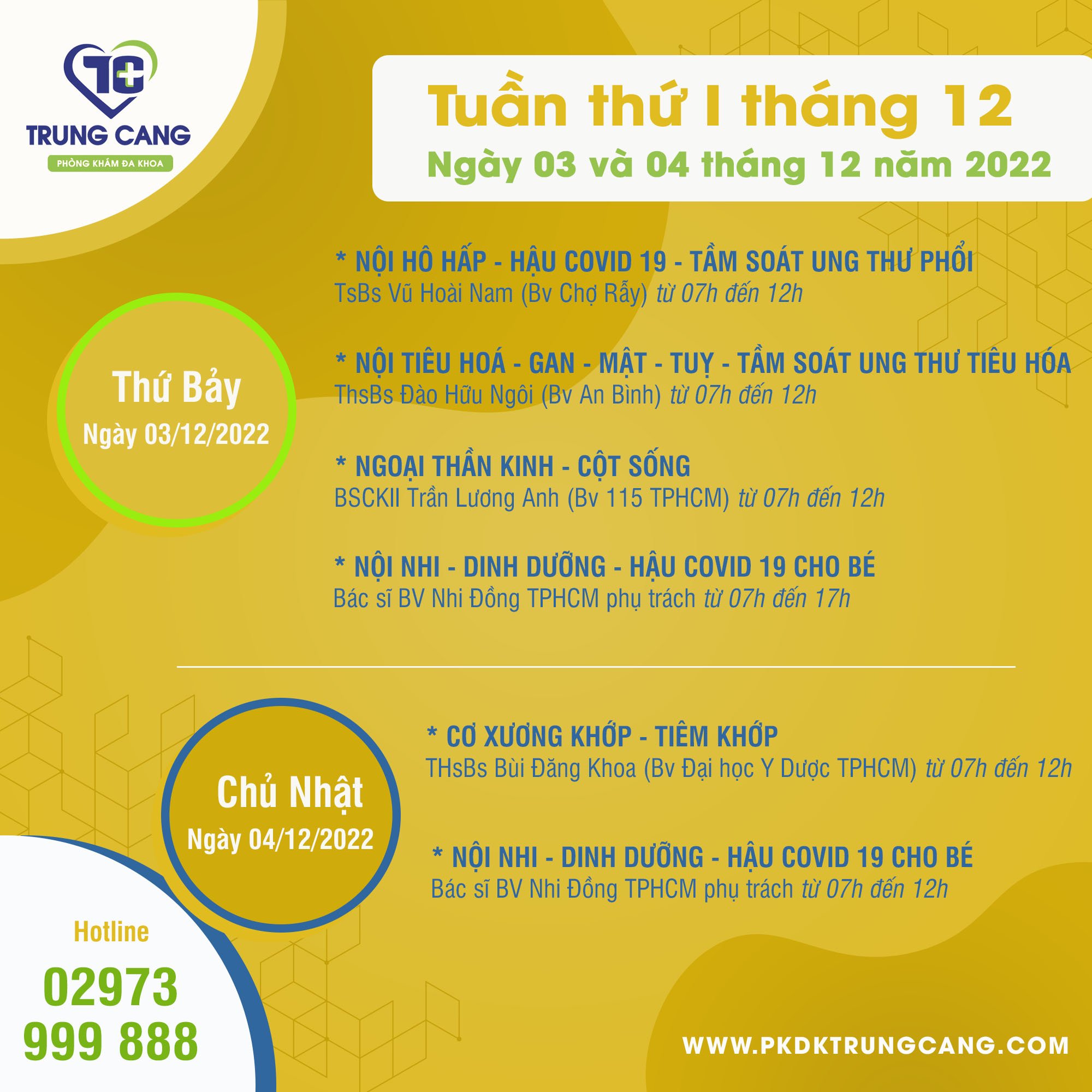 Lịch khám các Chuyên khoa vào Thứ Bảy và Chủ Nhật, ngày 03 - 04/11/2022 do bác sĩ đến từ TPHCM phụ trách