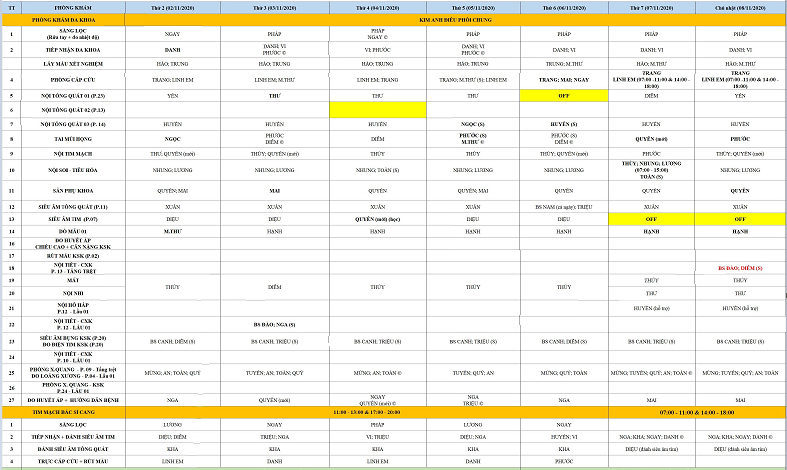 LỊCH LÀM VIỆC CỦA BÁC SĨ PKĐK TRUNG CANG TỪ 02/11/2020 ĐẾN 08/11/2020