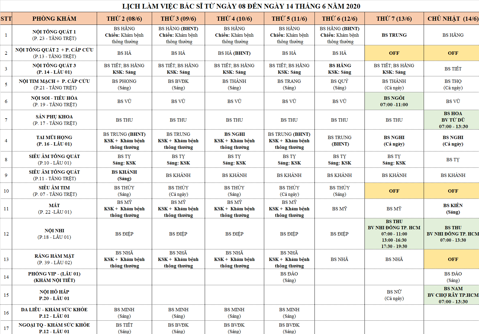 LỊCH TRỰC CỦA PHÒNG KHÁM TỪ NGÀY 08/6 ĐẾN 14/6