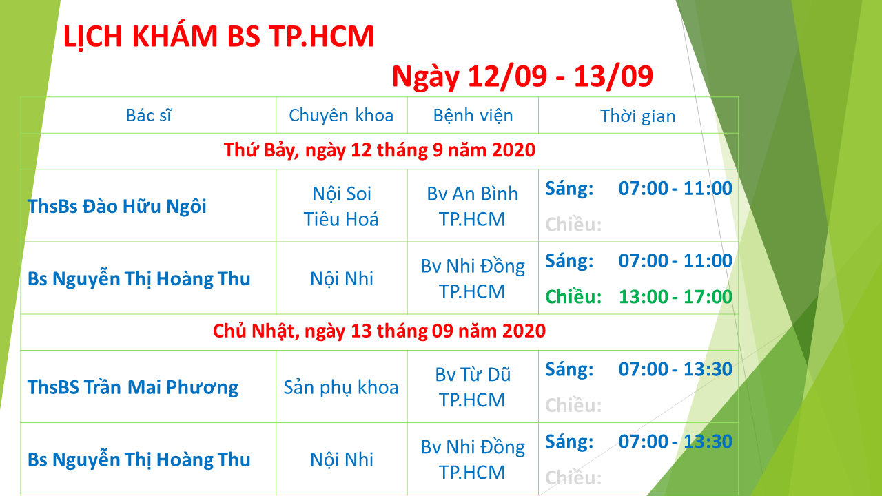 LỊCH KHÁM BÁC SĨ TP.HCM NGÀY 12/9/2020 & 13/9/2020