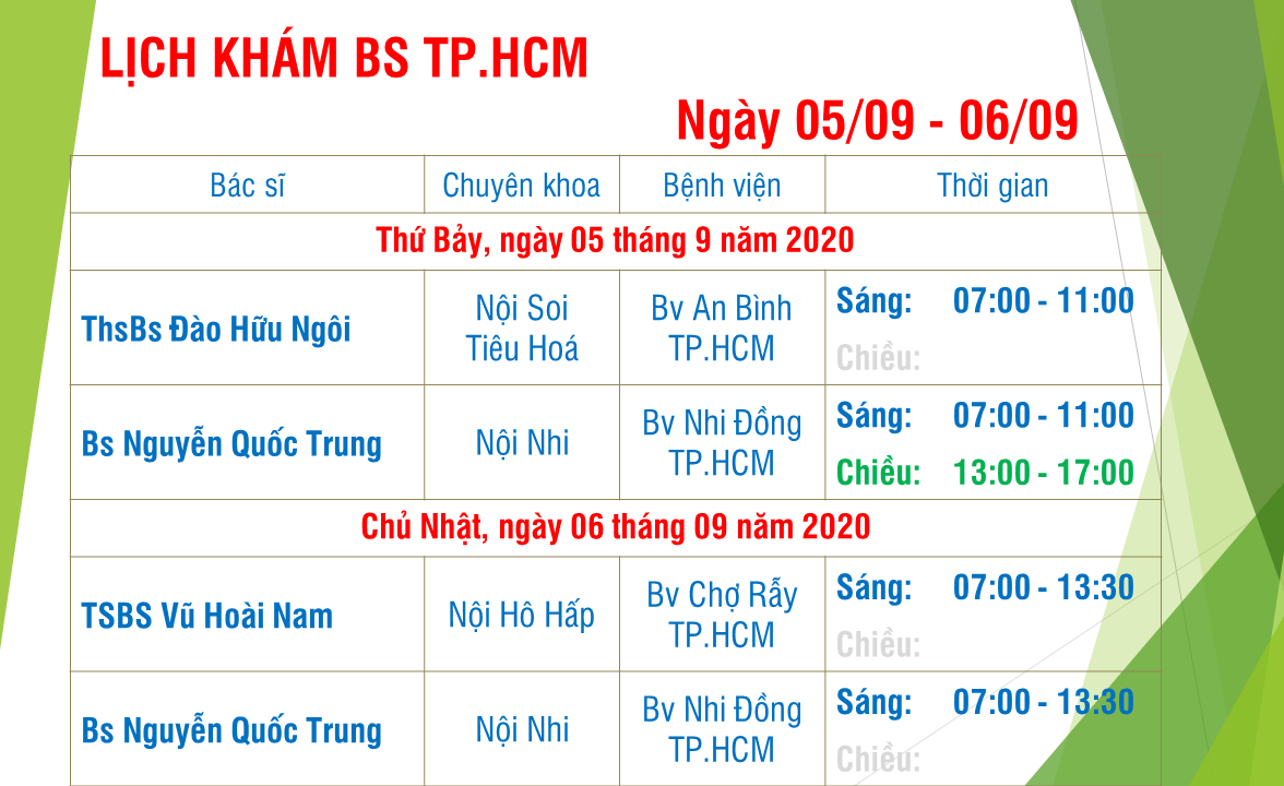 LỊCH KHÁM BÁC SĨ TP.HCM NGÀY 05/9/2020 & 06/9/2020