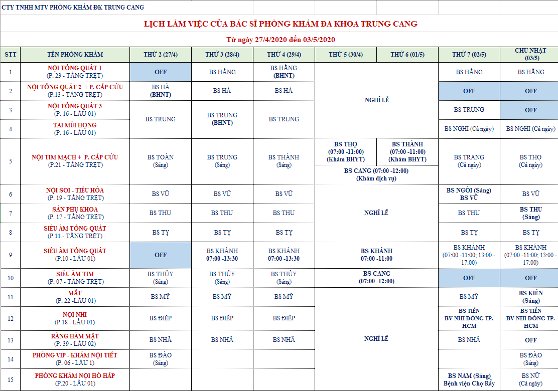 LỊCH KHÁM CỦA BÁC SĨ TỪ NGÀY 27/4/2020 ĐẾN 03/5/2020