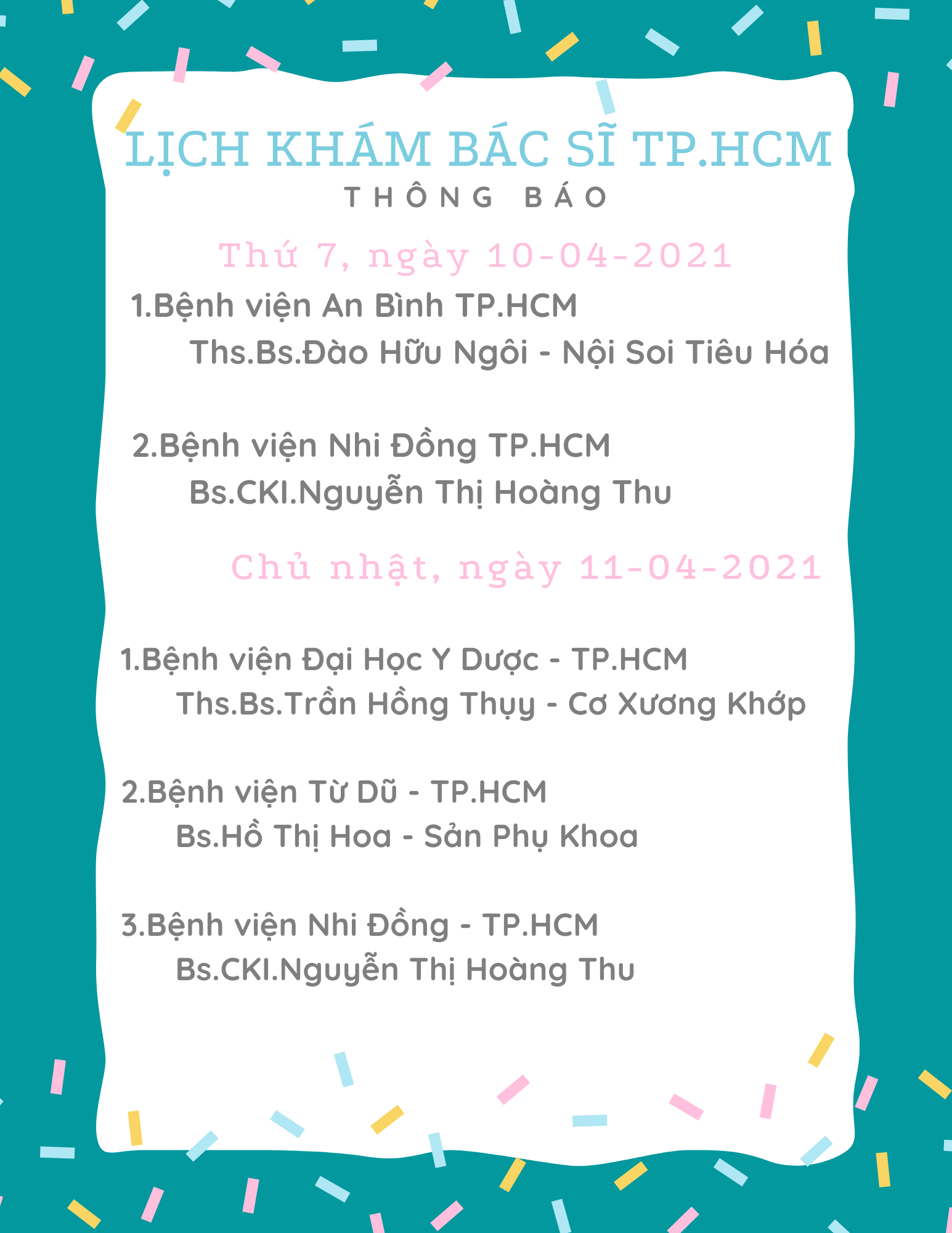 LỊCH KHÁM BÁC SĨ TP.HCM NGÀY 10/04/2021 - 11/04/2021