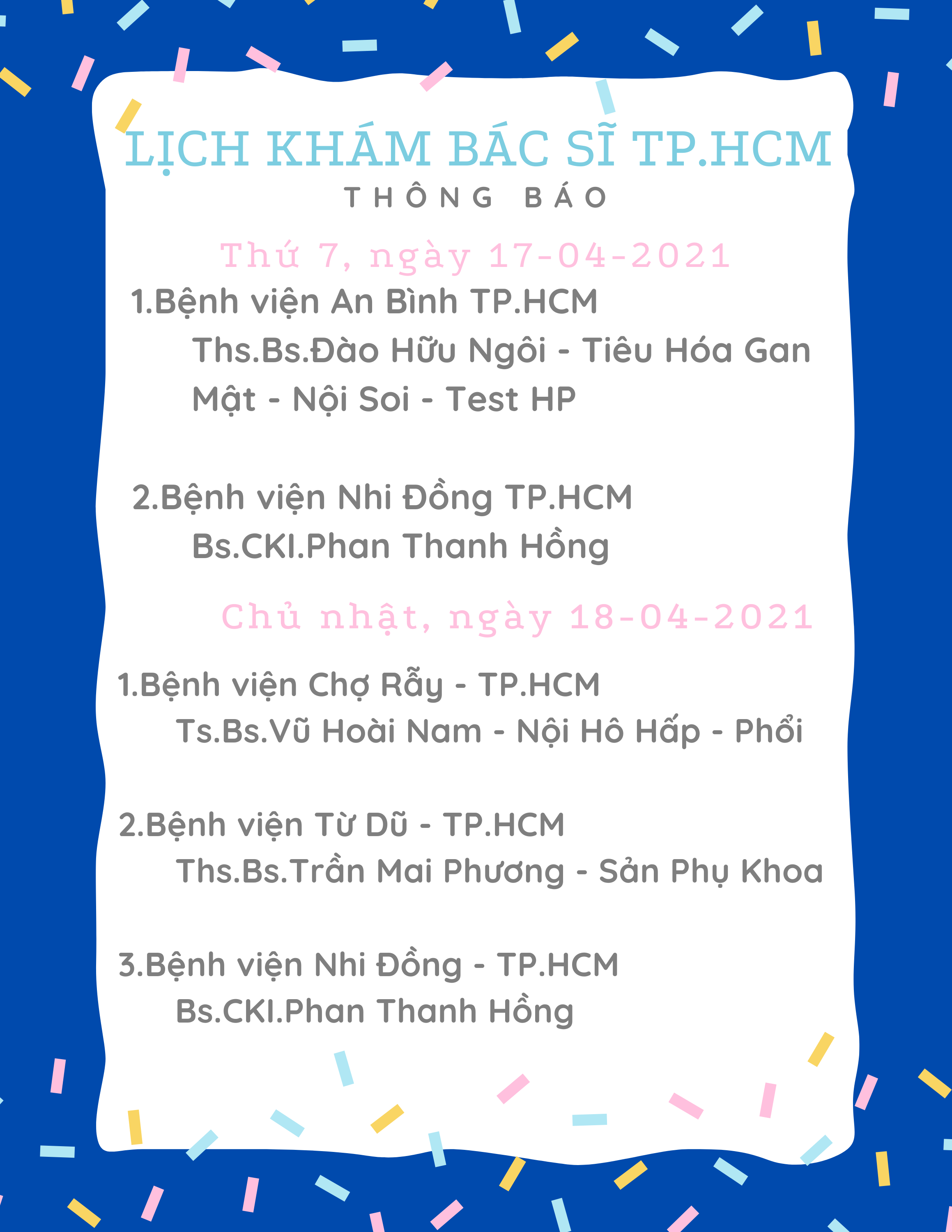 LỊCH KHÁM BÁC SĨ TP.HCM NGÀY 17/04/2021 - 18/04/2021