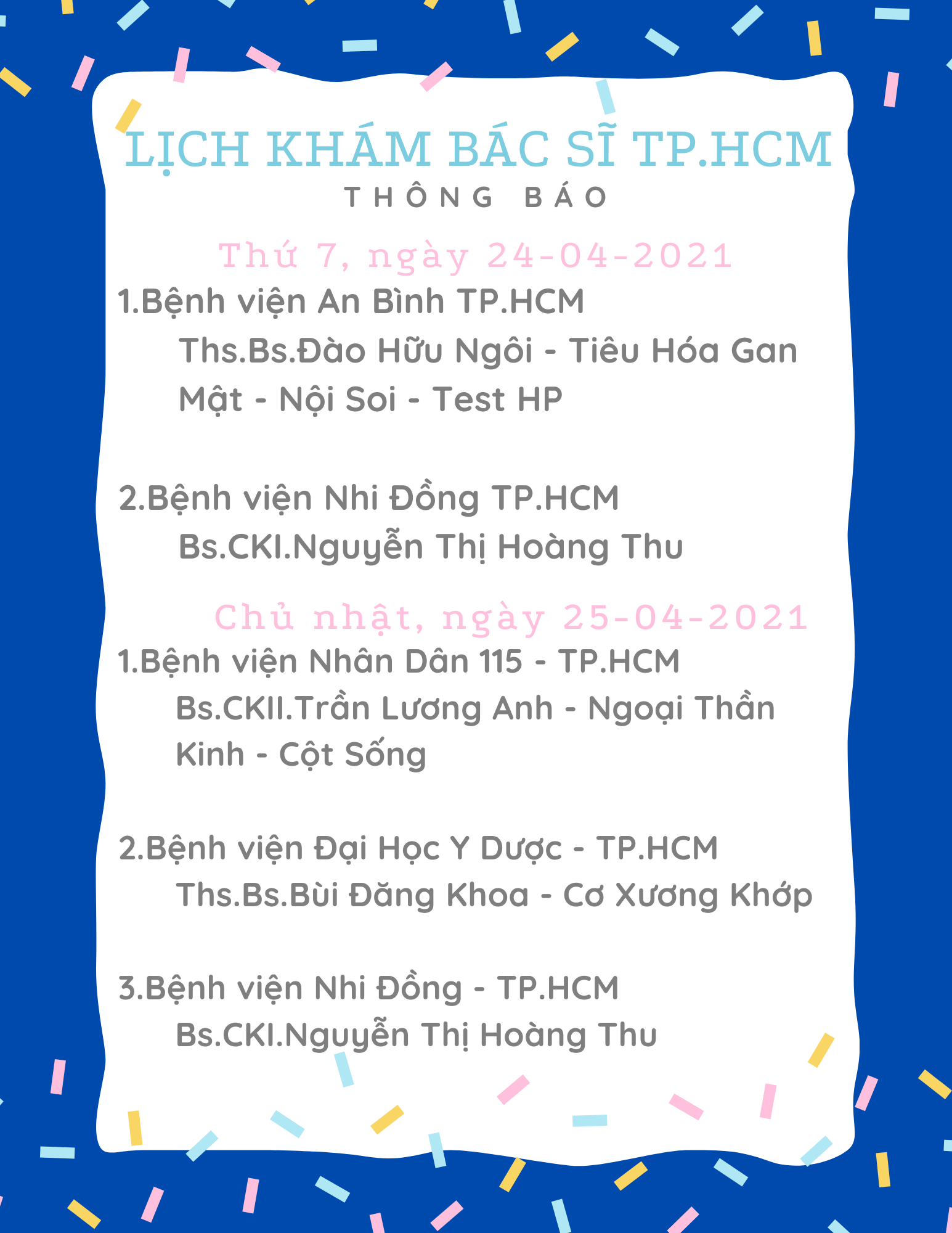 LỊCH KHÁM BÁC SĨ TP.HCM NGÀY 24/04/2021 - 25/04/2021