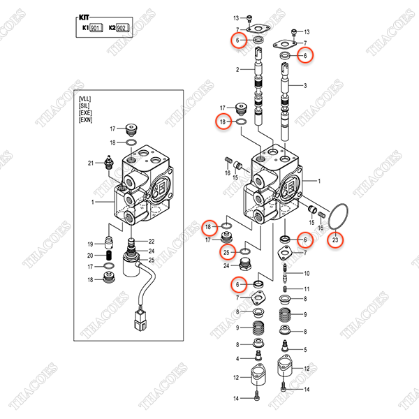 (2sv) Bộ phớt thân van chính 22N57-33131 (INC.6,18,23,25)