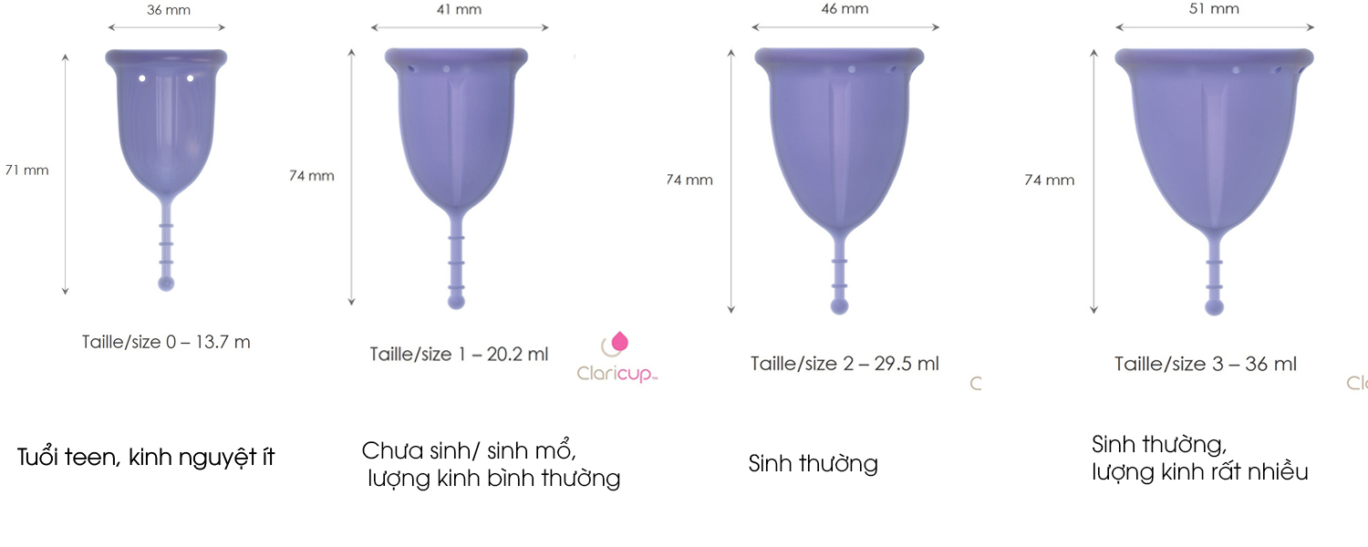 Cốc nguyệt san Claricup có tới 4 size phù hợp với từng chị em phụ nữ