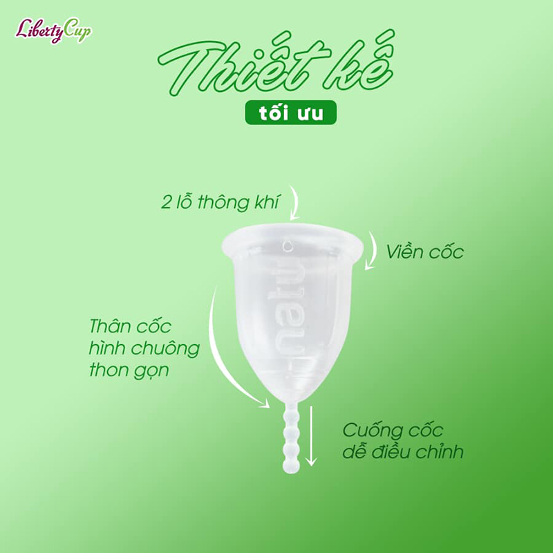 Cốc nguyệt san Liberty được thiết kế với phần cuống cốc dài giúp bạn gái dễ dàng điều chỉnh phù hợp với chiều dài âm đạo