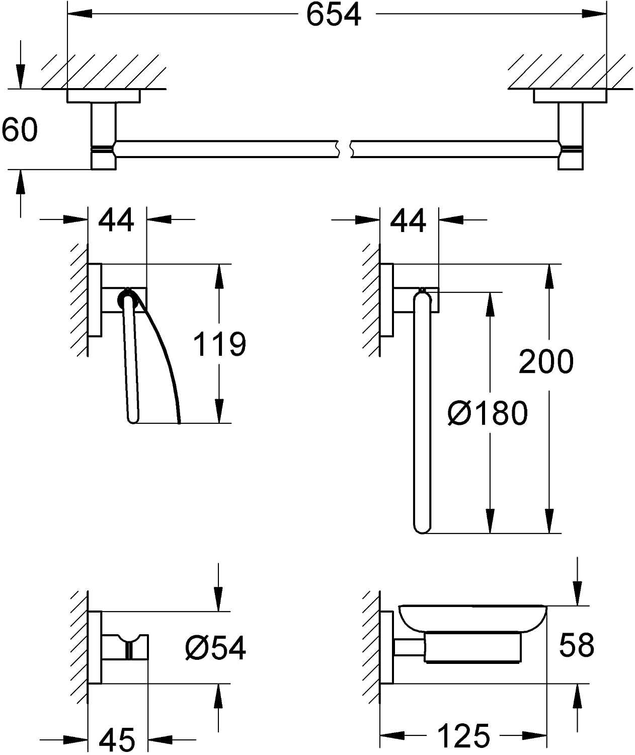 Thông số kỹ thuật bộ phụ kiện nhà tắm Grohe Essentials 40344000 (5 món)