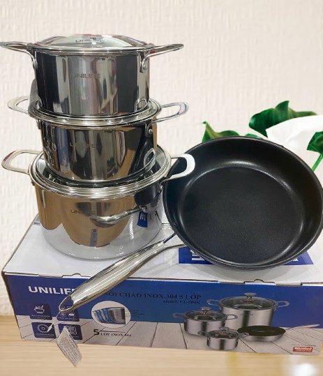 Bộ Nồi Inox 304K Liền Khối Unilife 04 Món (18-20-24cm) & Chảo Chống Dính Whitford 26cm - Nâng Tầm Căn Bếp Việt!