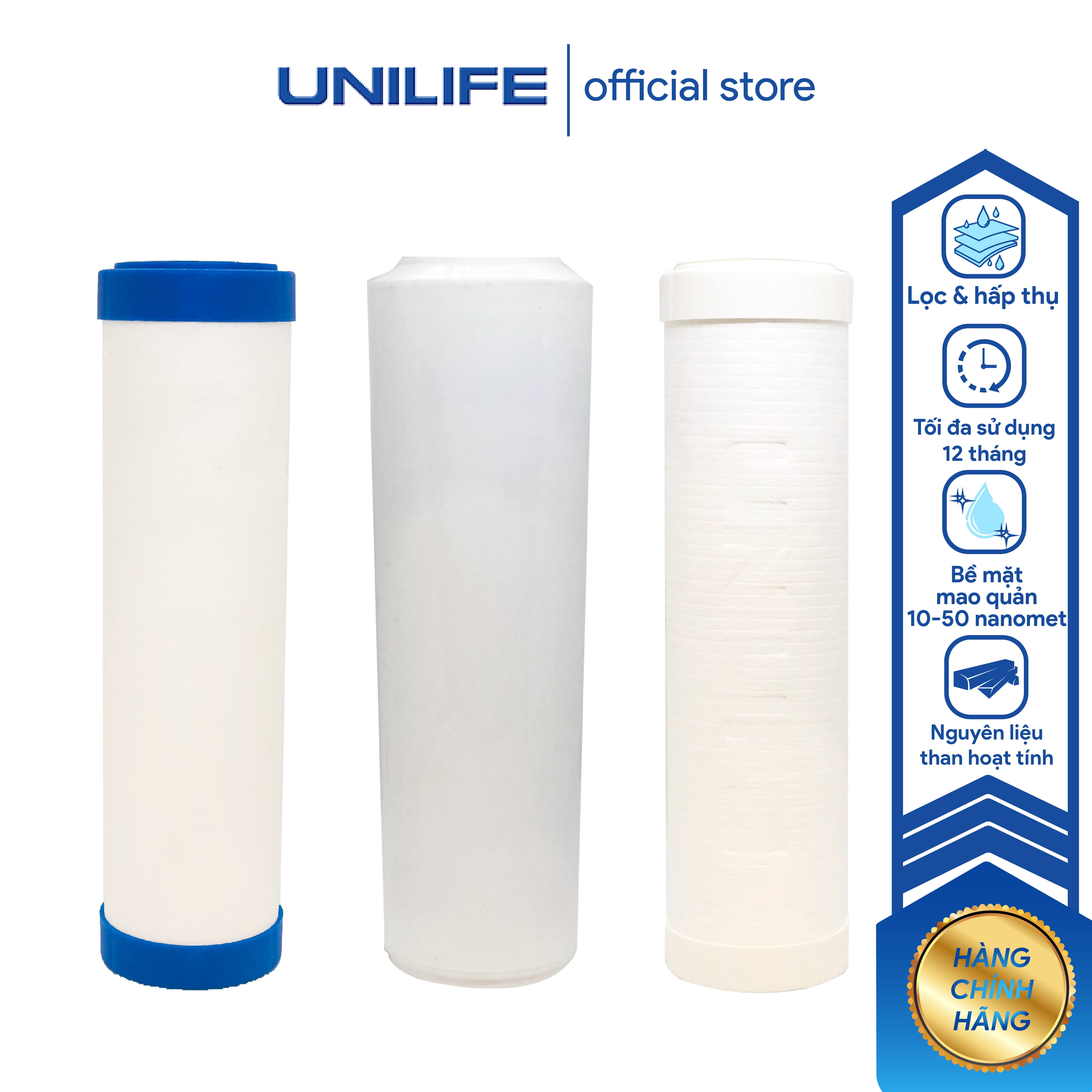 Bộ lõi lọc nước số 1, 2, 3 Unilife chính hãng, bộ lọc công nghệ lọc tinh khiết cùng than hoạt tính