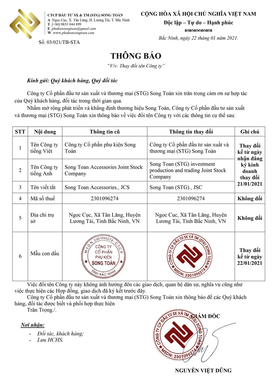 Thông Báo Thay Đổi Tên Công Ty