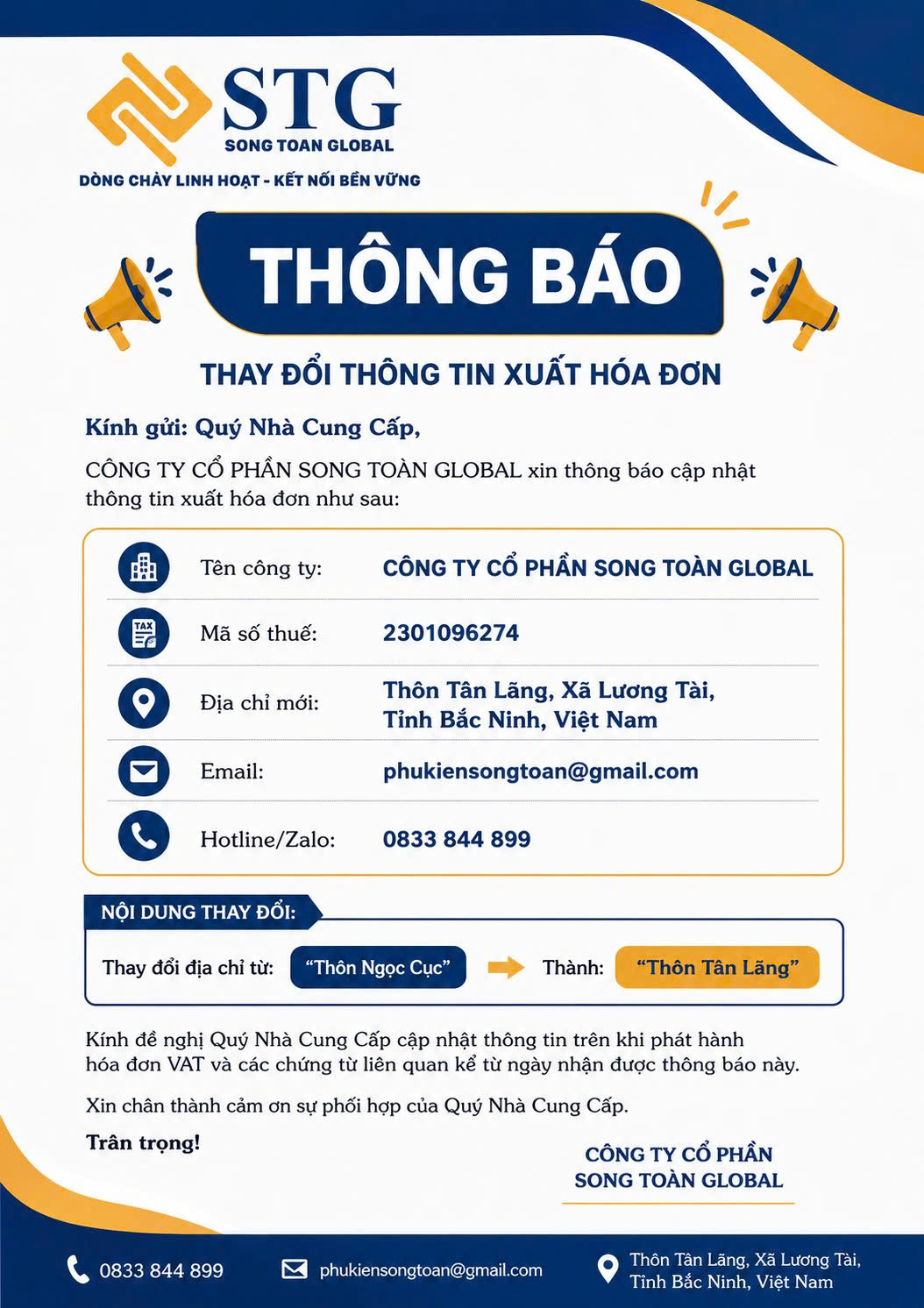 THÔNG BÁO: CẬP NHẬT ĐỊA CHỈ TRỤ SỞ CHÍNH CỦA SONG TOÀN GLOBAL