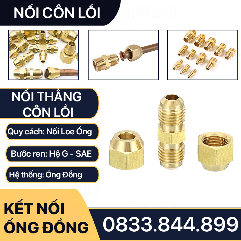 Bộ Nối Hai Đầu Côn Lồi Lã Ống Đồng 6 8 10 12 16mm Cho Điện Lạnh & Khí Nén (Brass Flare Fitting)