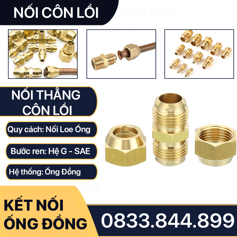 Bộ Nối Hai Đầu Côn Lồi Lã Ống Đồng 6 8 10 12 16mm Cho Điện Lạnh & Khí Nén (Brass Flare Fitting)