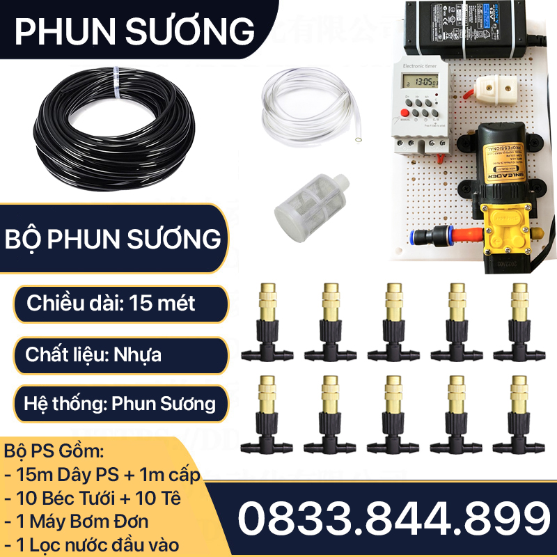 Bộ Tưới Phun Sương Máy Bơm Đơn, Bộ Phun Sương Tăng Áp 10 Béc Đồng Cho Vườn 10-15m2