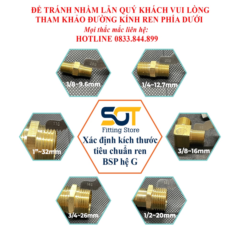 Nối Ren Ngoài 1/8 (9.6), 1 Đầu Ren 1 Đầu Côn Lõm Hạt Bắp NPT Nối Ống Đồng, Ống PU