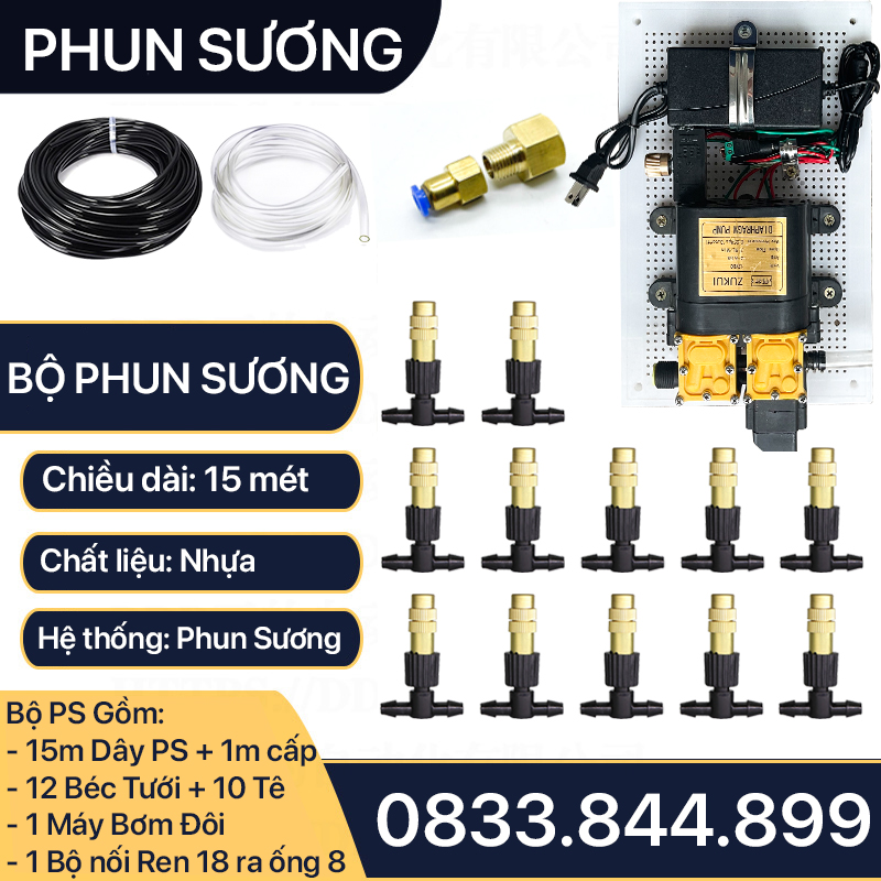 Bộ Tưới Phun Sương Máy Bơm Đôi, Bộ Phun Sương Tăng Áp 10 Béc Đồng Cho Vườn 10-15m2