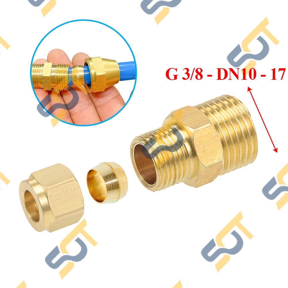 Nối Ren Ngoài 3/8 (17), 1 Đầu Ren 1 Đầu Côn Lõm Hạt Bắp NPT Nối Ống Đồng, Ống PU