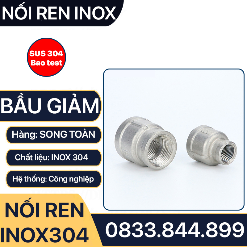 Bầu Giảm Ren Trong Inox 304, Măng Sông Thu Inox SUS 304