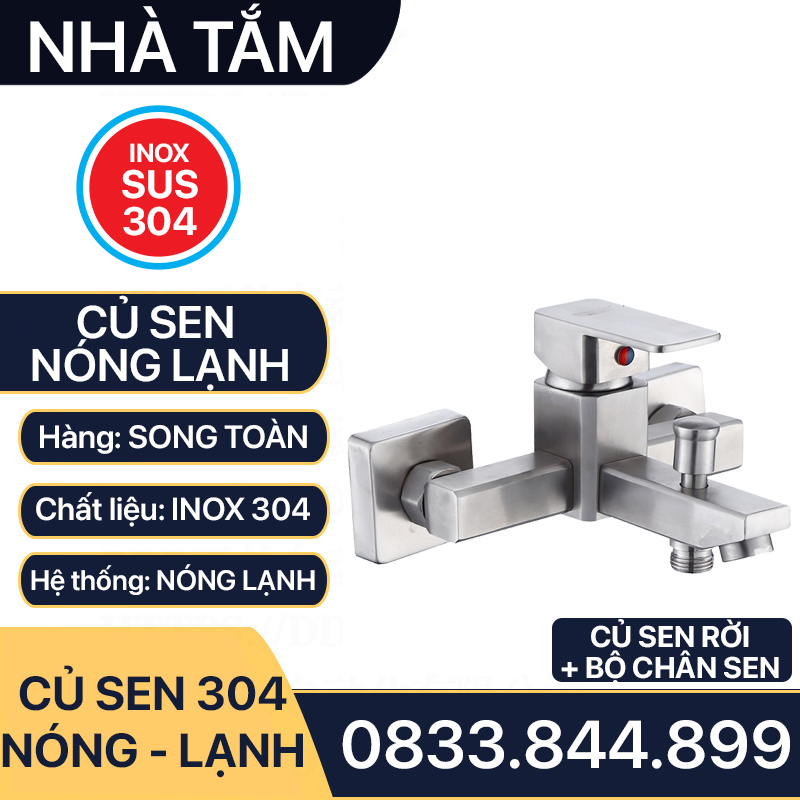 Củ Sen Tắm Nóng Lạnh Inox 304 Vuông, Bộ Củ Sen Tắm Inox 304 Nóng Lạnh Cao Cấp Vuông Lắp Đặt Nhà Tắm