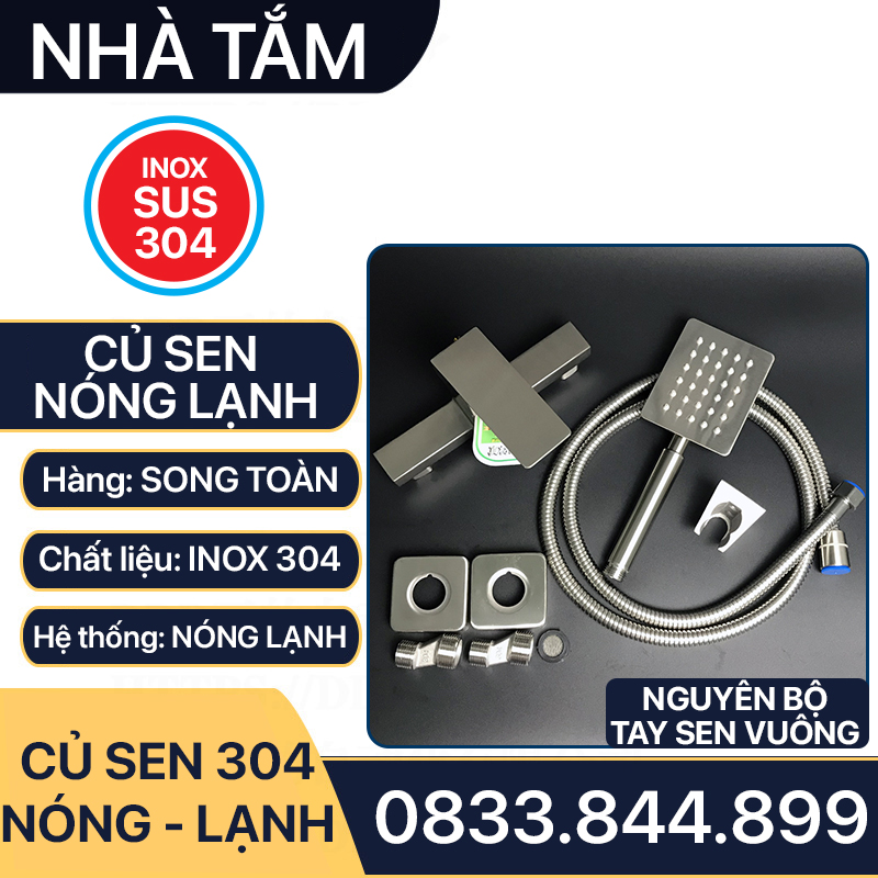 Củ Sen Tắm Nóng Lạnh Inox 304 Vuông, Bộ Củ Sen Tắm Inox 304 Nóng Lạnh Cao Cấp Vuông Lắp Đặt Nhà Tắm