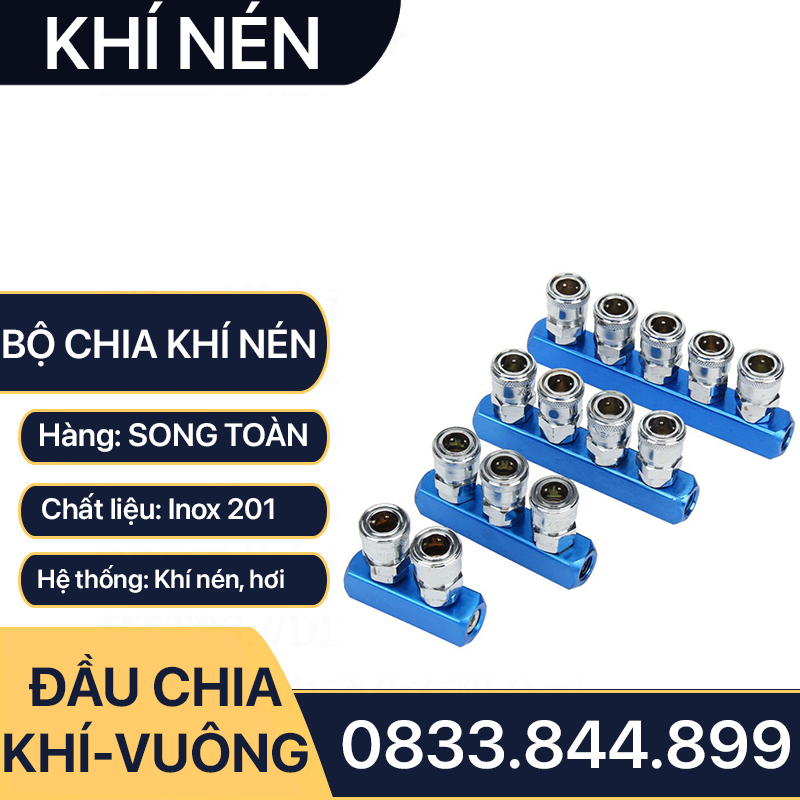 Bộ Chia Khí Nén Thân Vuông, Đầu Nối Vuông Chia 2, Chia 3, Chia 4, Chia 5 Nối Nhanh Khí Nén